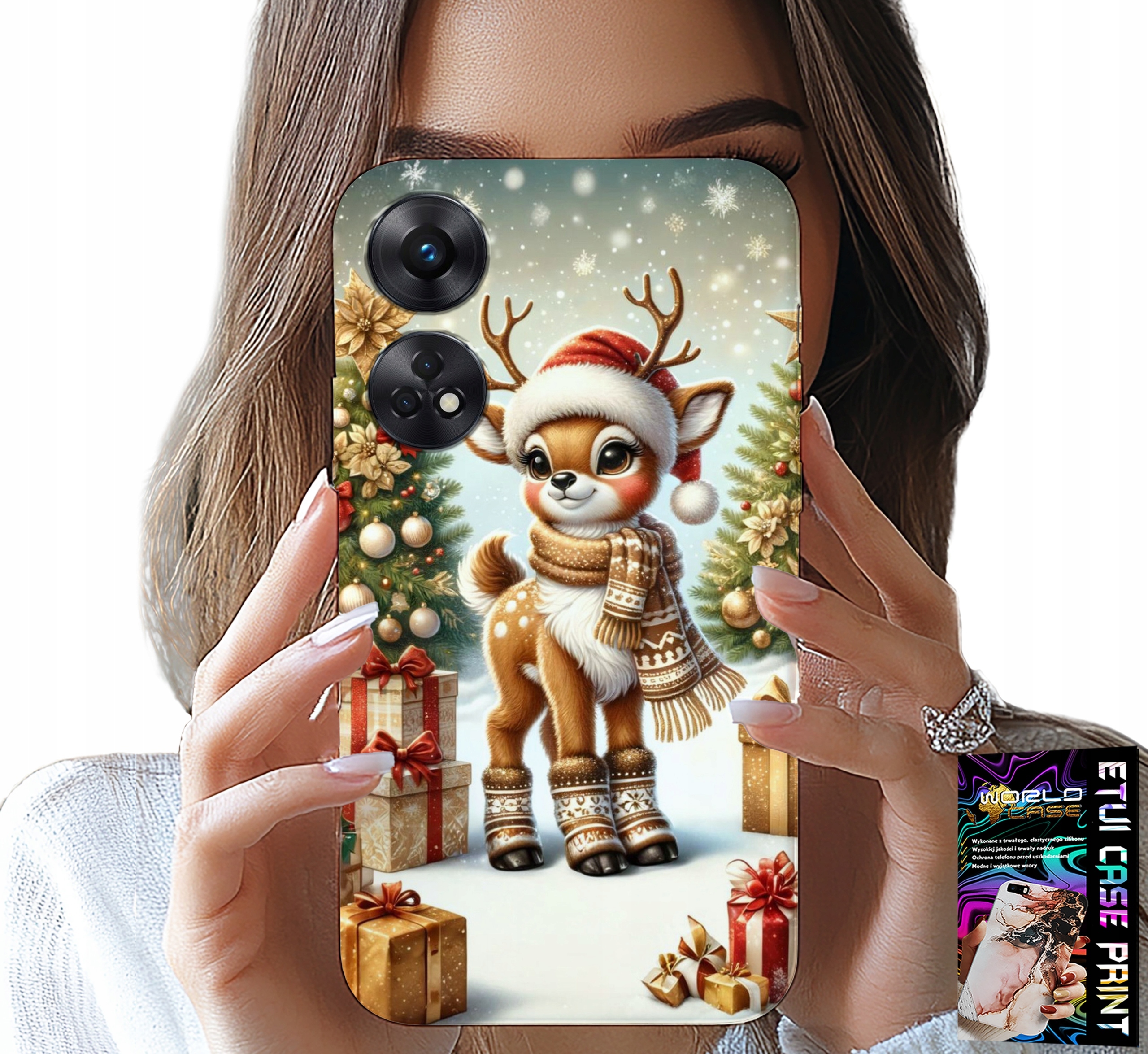 ETUI DO OPPO RENO8 T 4G - RENIFER, WZORY BOŻONARODZENIOWE + SZKŁO