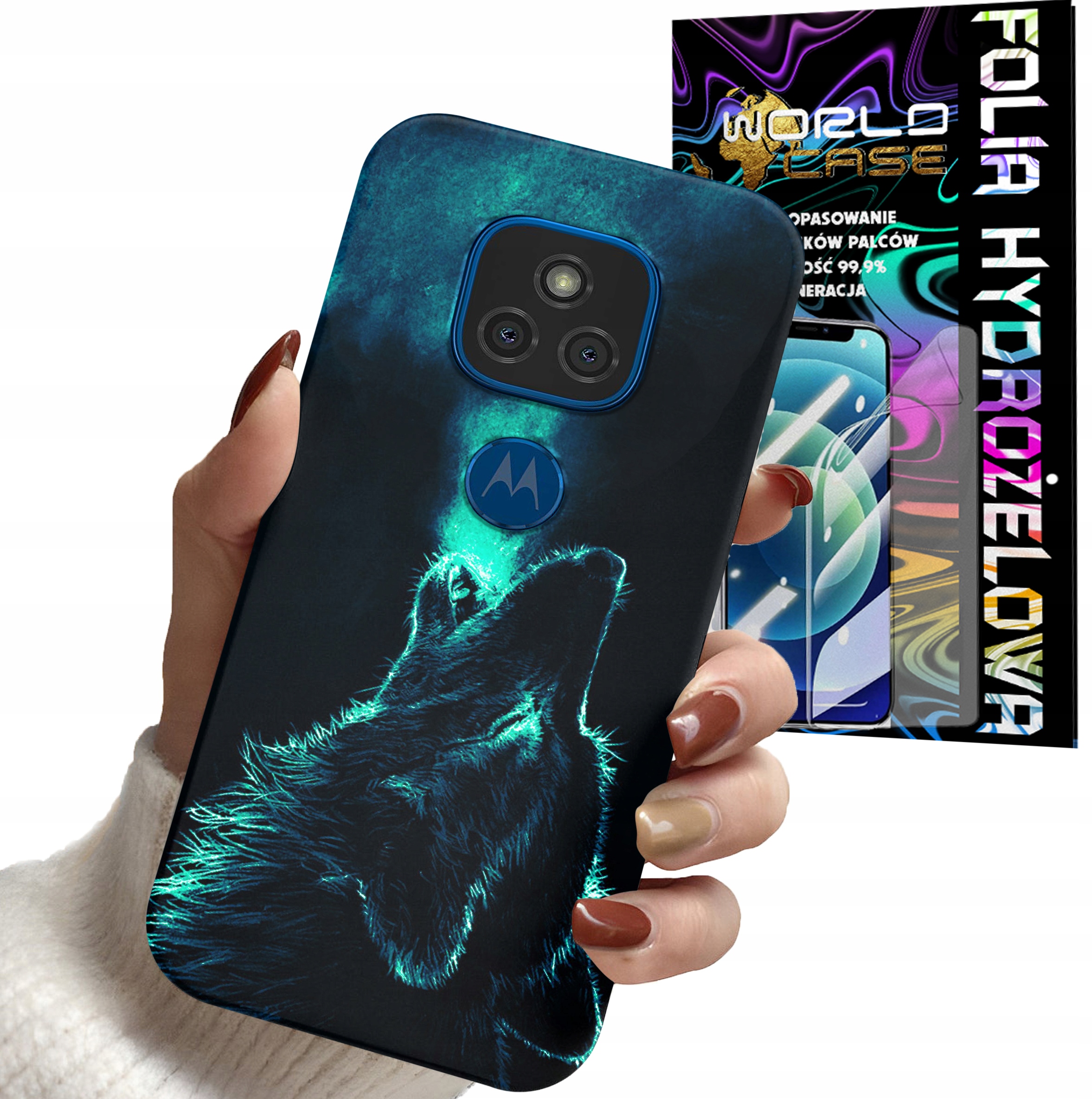 ETUI DO MOTOROLA G9 Play G9 E7 PLUS - WILK ZWIERZĘTA KOLOROWE OBUDO + FOLIA