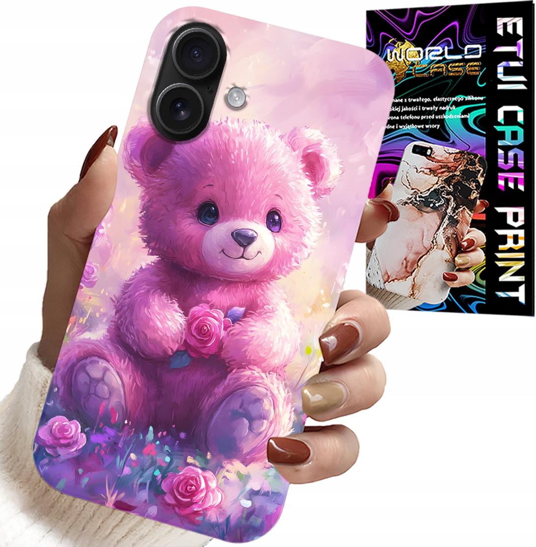 ETUI DO IPHONE 16 PLUS - SŁODKI MIŚ NA RÓŻOWYM TLE, CASE + SZKŁO