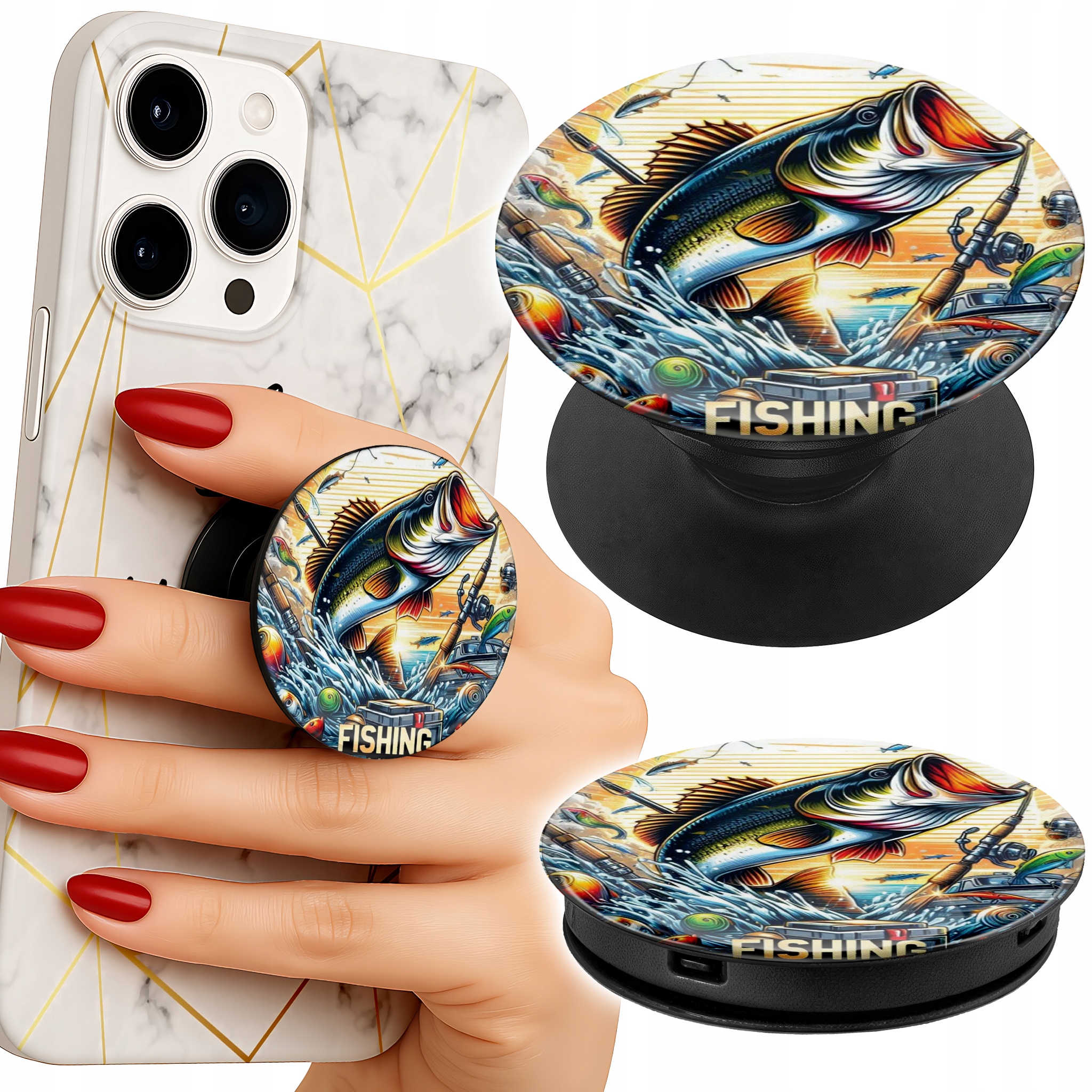 Uchwyt do telefonu Popsocket na palce/stojak WZORY WĘDKARSKIE RYBY WĘDKA