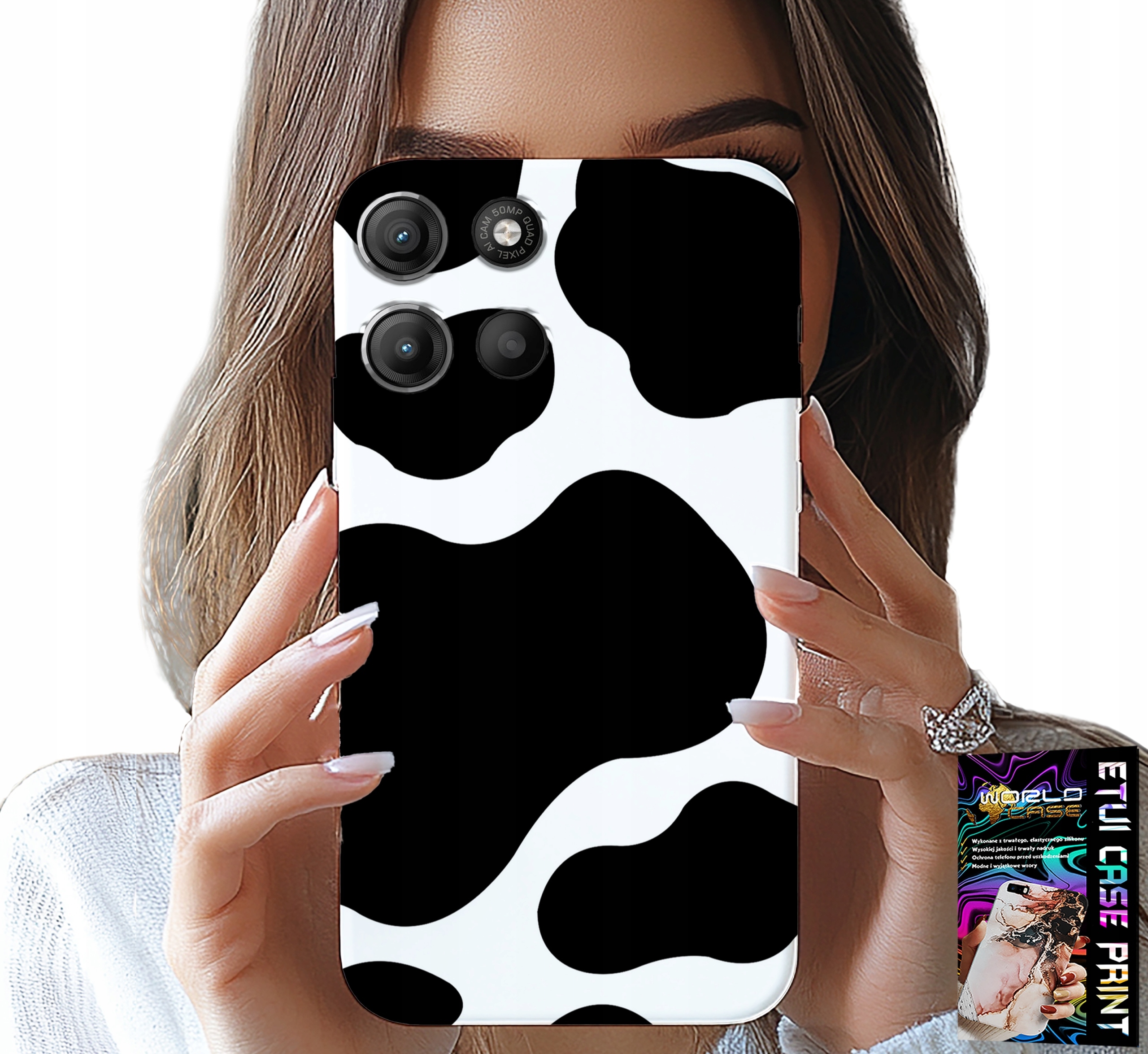 ETUI DO MOTOROLA EDGE 60 5G - CZARNO - BIAŁE ŁATY KROWA, MODNE WZORY