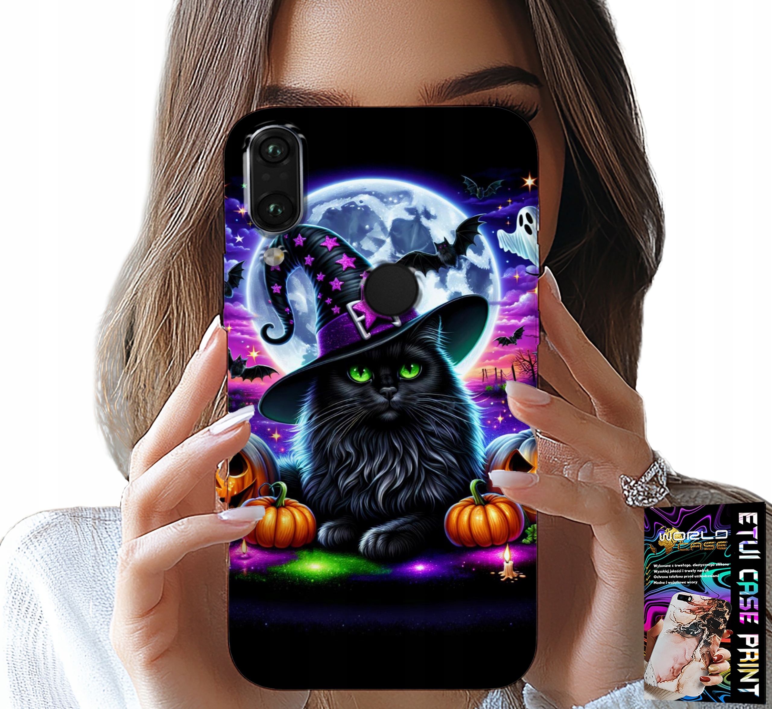 ETUI DO HUAWEI Y7 2019 - CZARNY KOTEK HALLOWEEN SALEM DYNIA WZORY