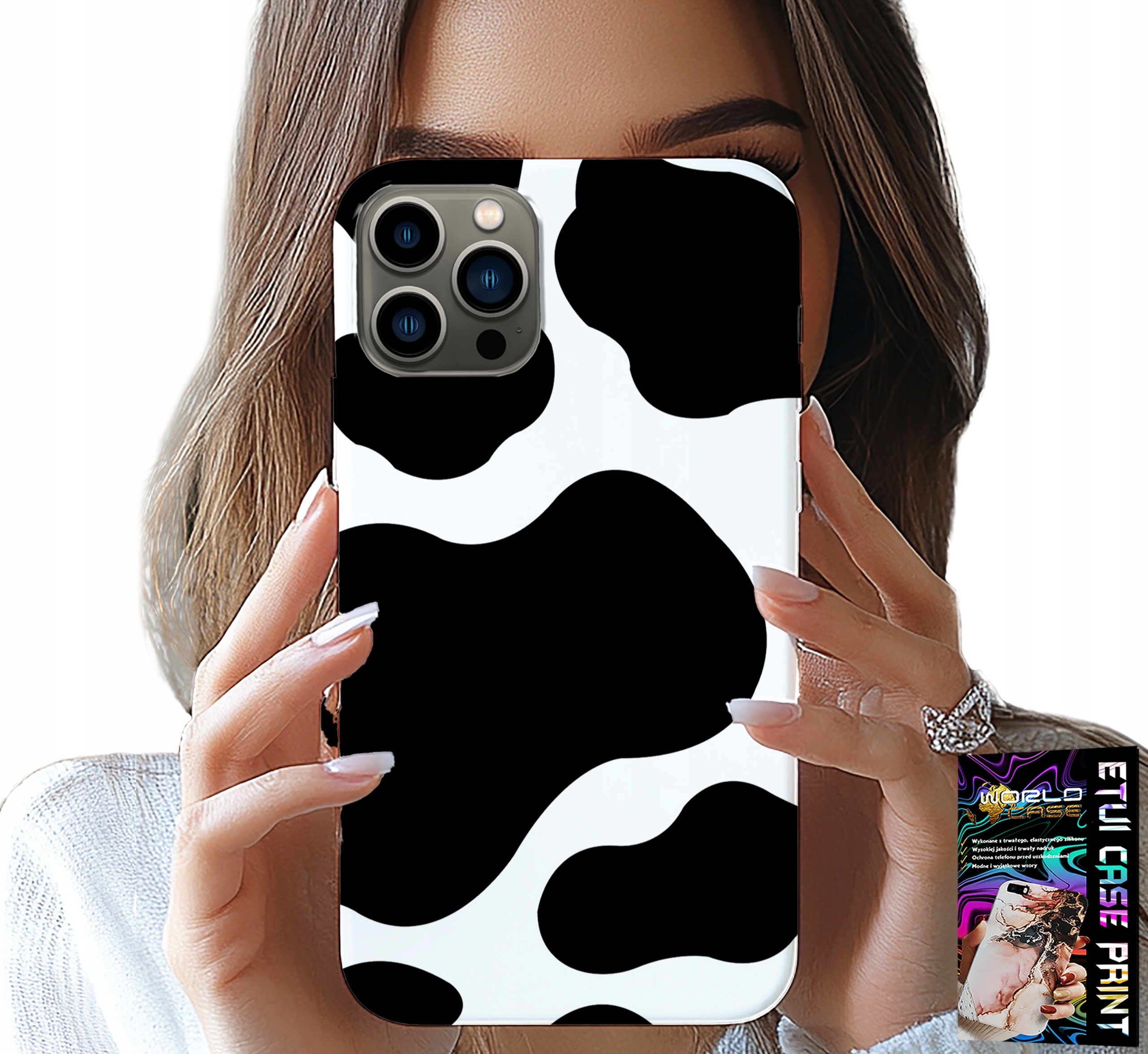 ETUI DO IPHONE 11 PRO MAX - CZARNO - BIAŁE ŁATY KROWA, MODNE WZORY