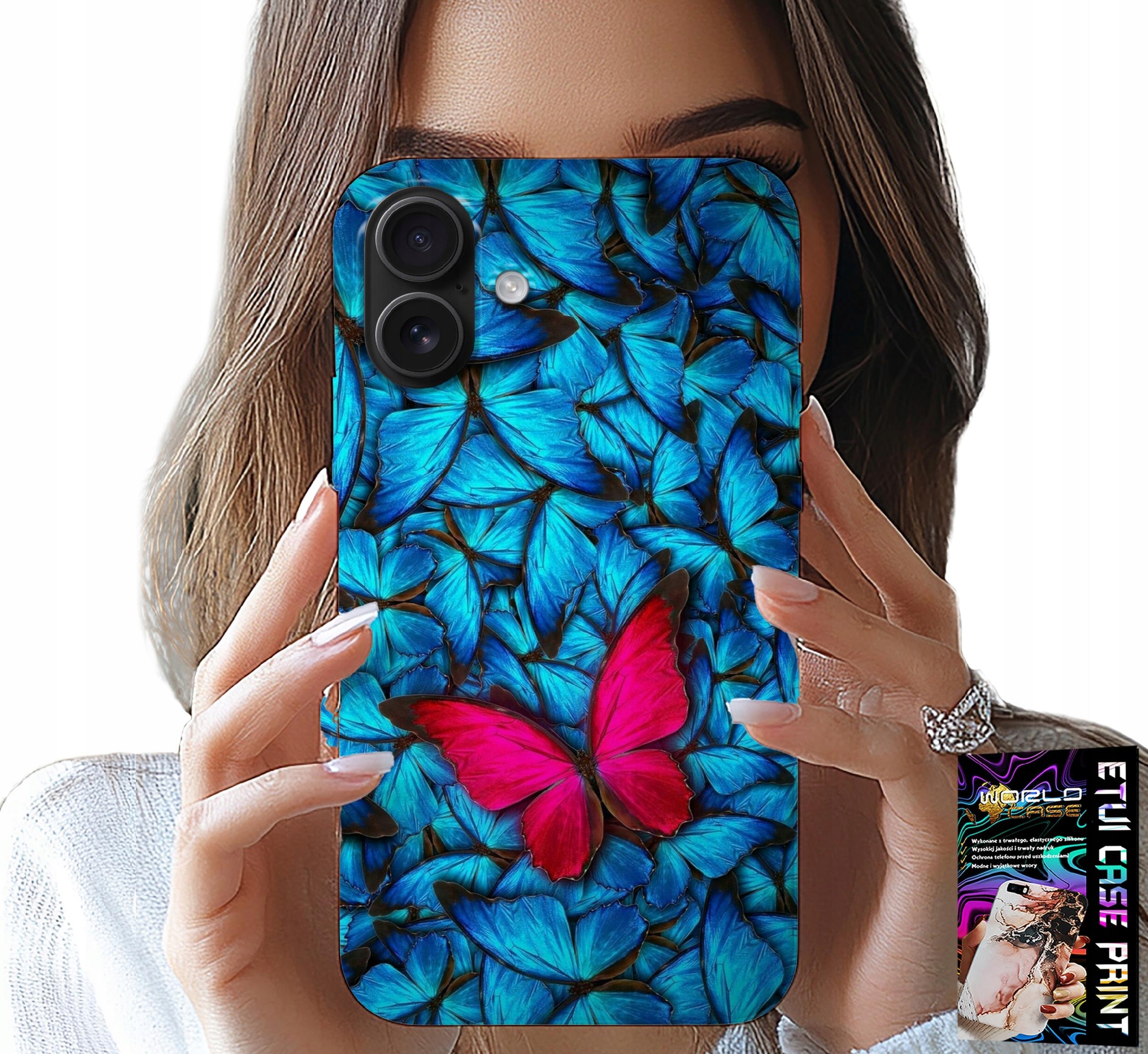 ETUI DO IPHONE 16 PLUS - NIEBIESKIE MOTYLKI, MOTYL, KOBIECE WZORY