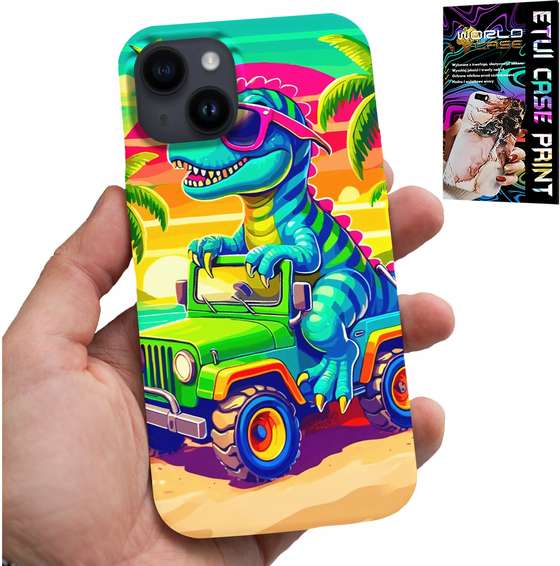 ETUI DO IPHONE 15 - DINOZAUR W CIĘŻARÓWCE WZORY DLA DZIECI