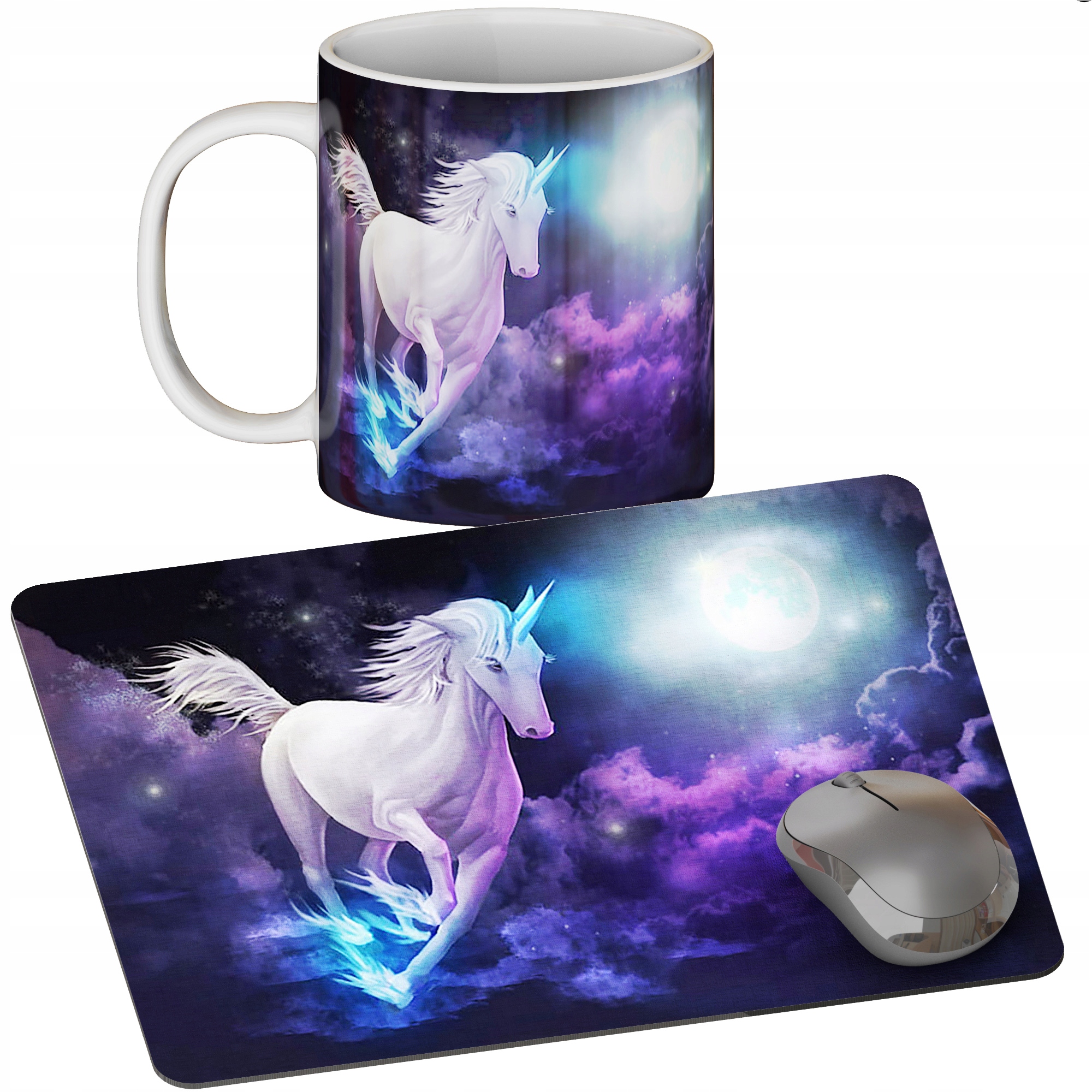 ZESTAW KUBEK + PODKŁADKA - JEDNOROŻEC UNICORN - PREZENT WIELE WZORÓW + IMIĘ
