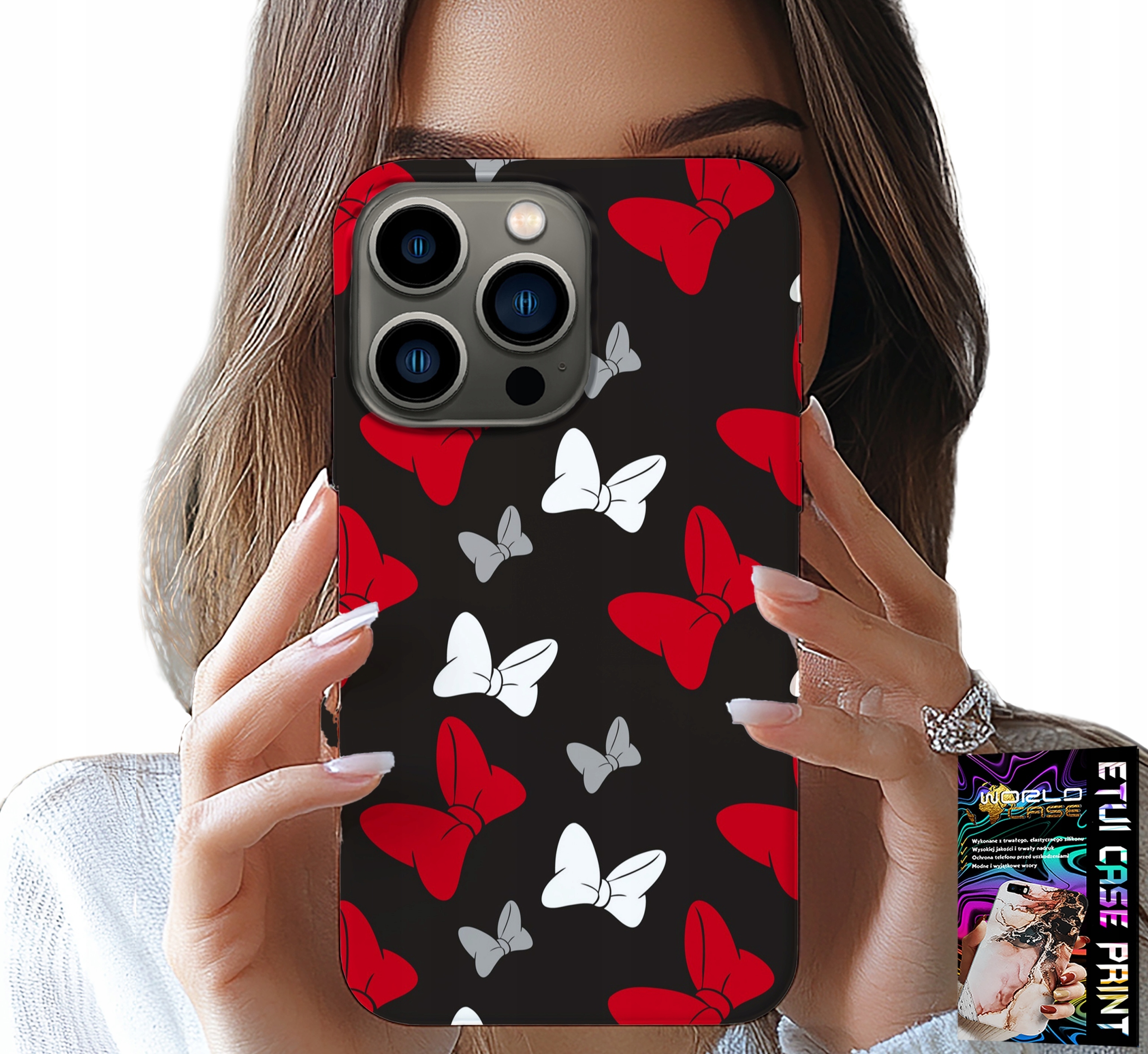 ETUI DO IPHONE 15 PRO MAX - KOKARDKI CZERWONO BIAŁE MYSZKA, WZORY