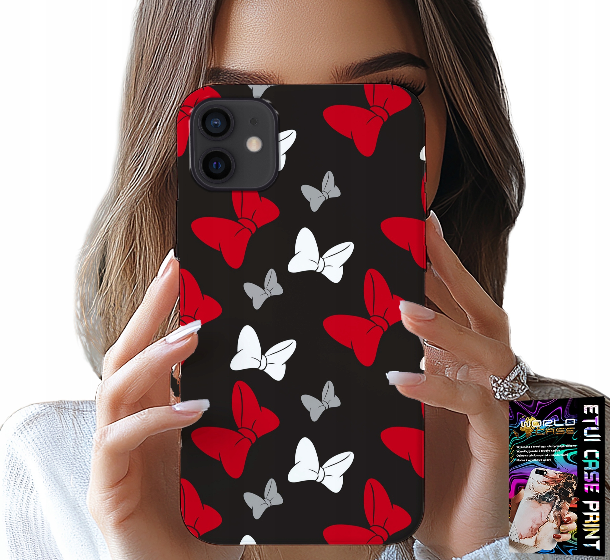 ETUI DO IPHONE 13 MINI - KOKARDKI CZERWONO BIAŁE MYSZKA, WZORY