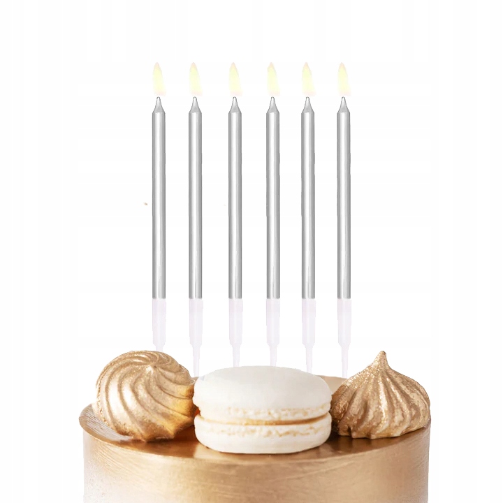 ŚWIECZKI URODZINOWE DŁUGIE 13 CM SREBRNY NA IMPREZĘ URODZINOWĄ 6 SZT