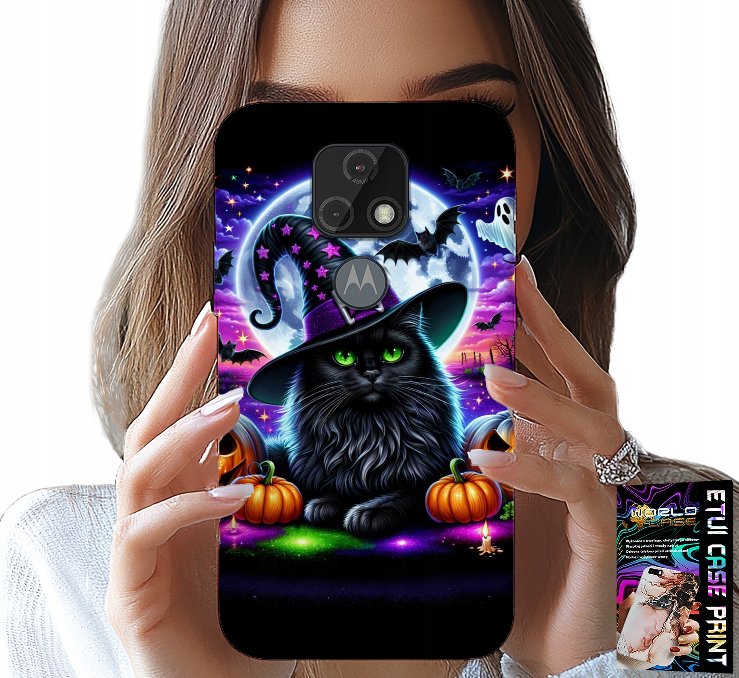 ETUI DO MOTOROLA MOTO E7 PLUS - CZARNY KOTEK HALLOWEEN SALEM DYNIA WZORY
