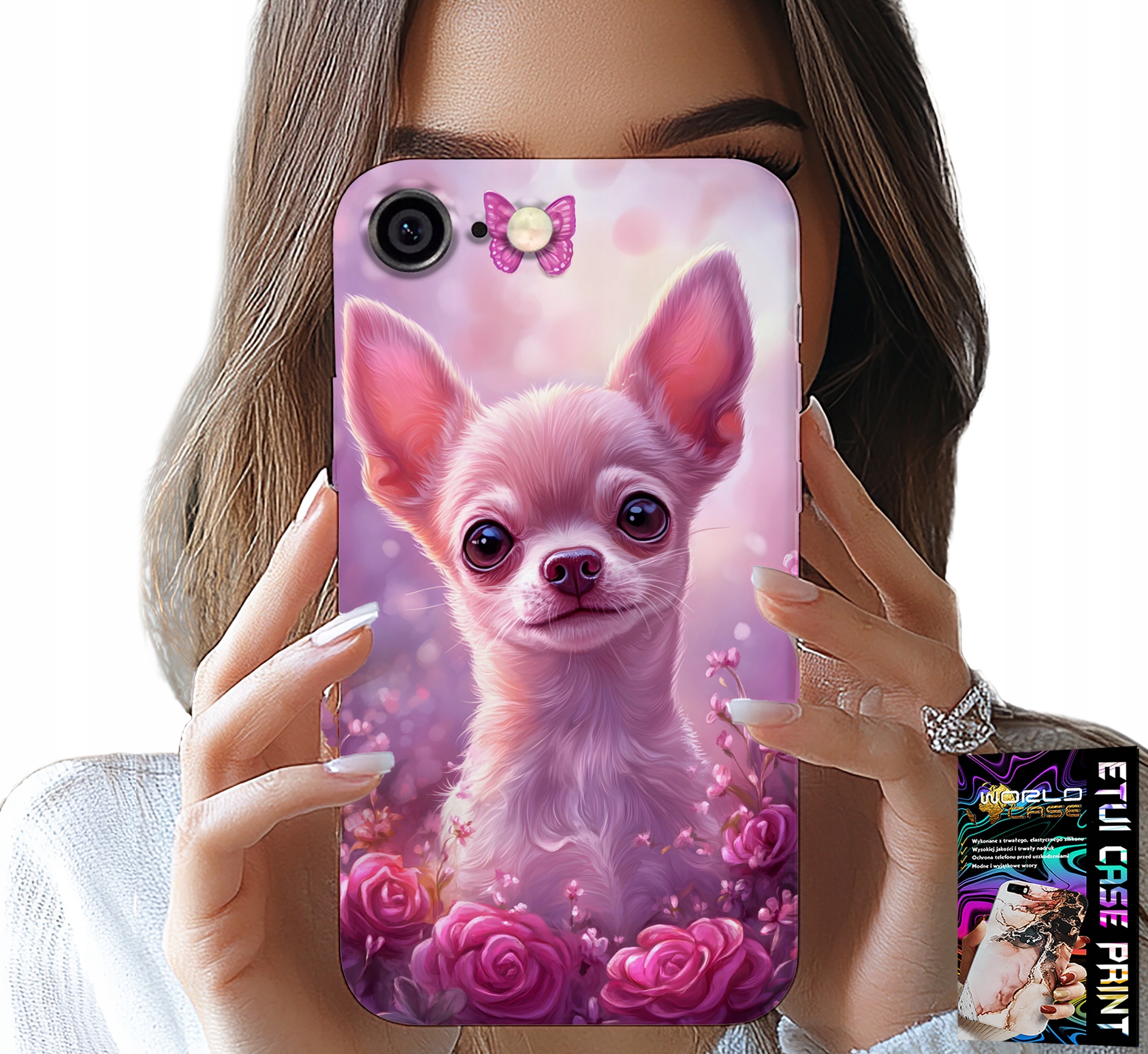 ETUI DO IPHONE 6 / 6S - SŁODKA CHIHUAHUA NA RÓŻOWYM TLE KWIATAMI