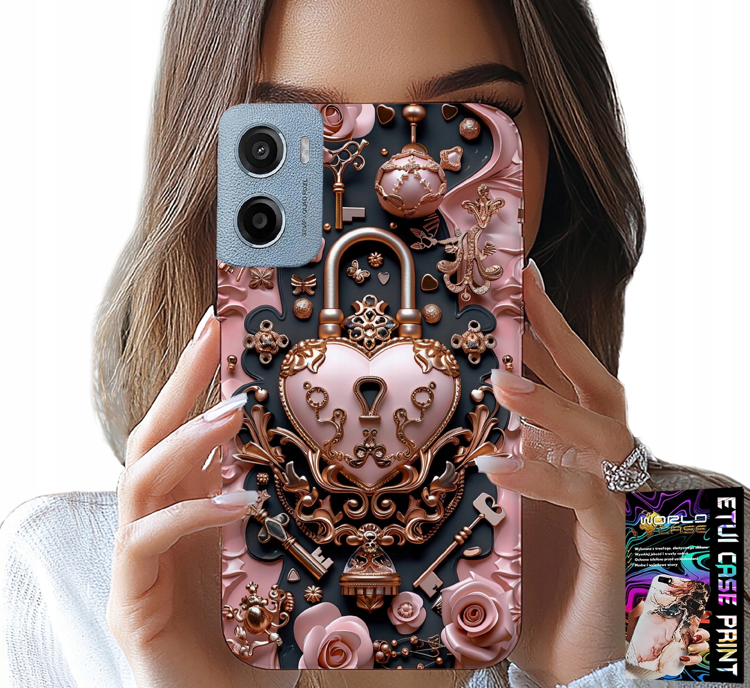 ETUI DO MOTOROLA E15 / G05 - KOBIECE, MODNE WZORY, KŁÓDKA SERCE RÓŻA