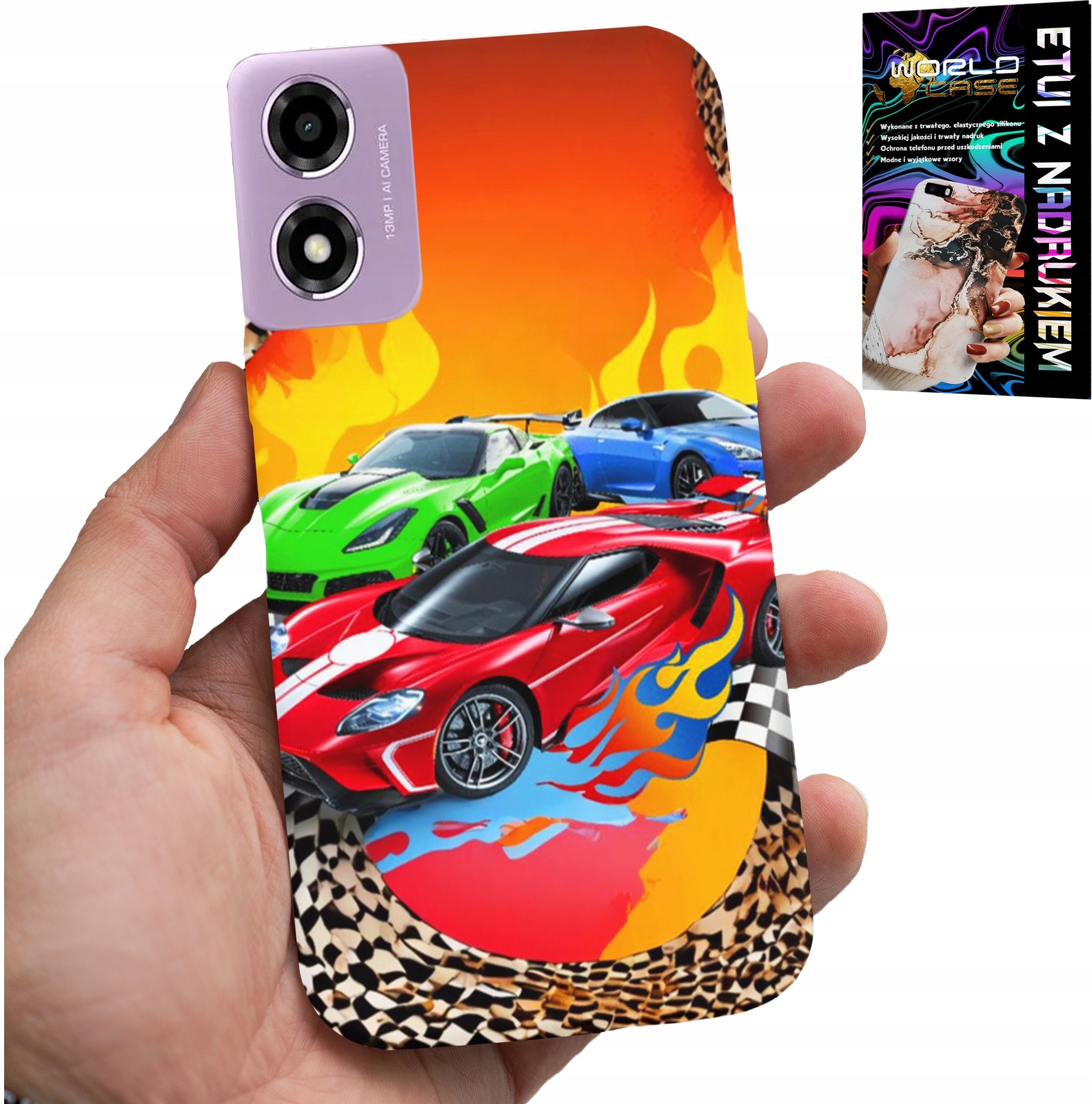 ETUI DO MOTOROLA MOTO E14 - DLA DZIECI, SAMOCHODY WYŚCIGOWE + SZKŁO