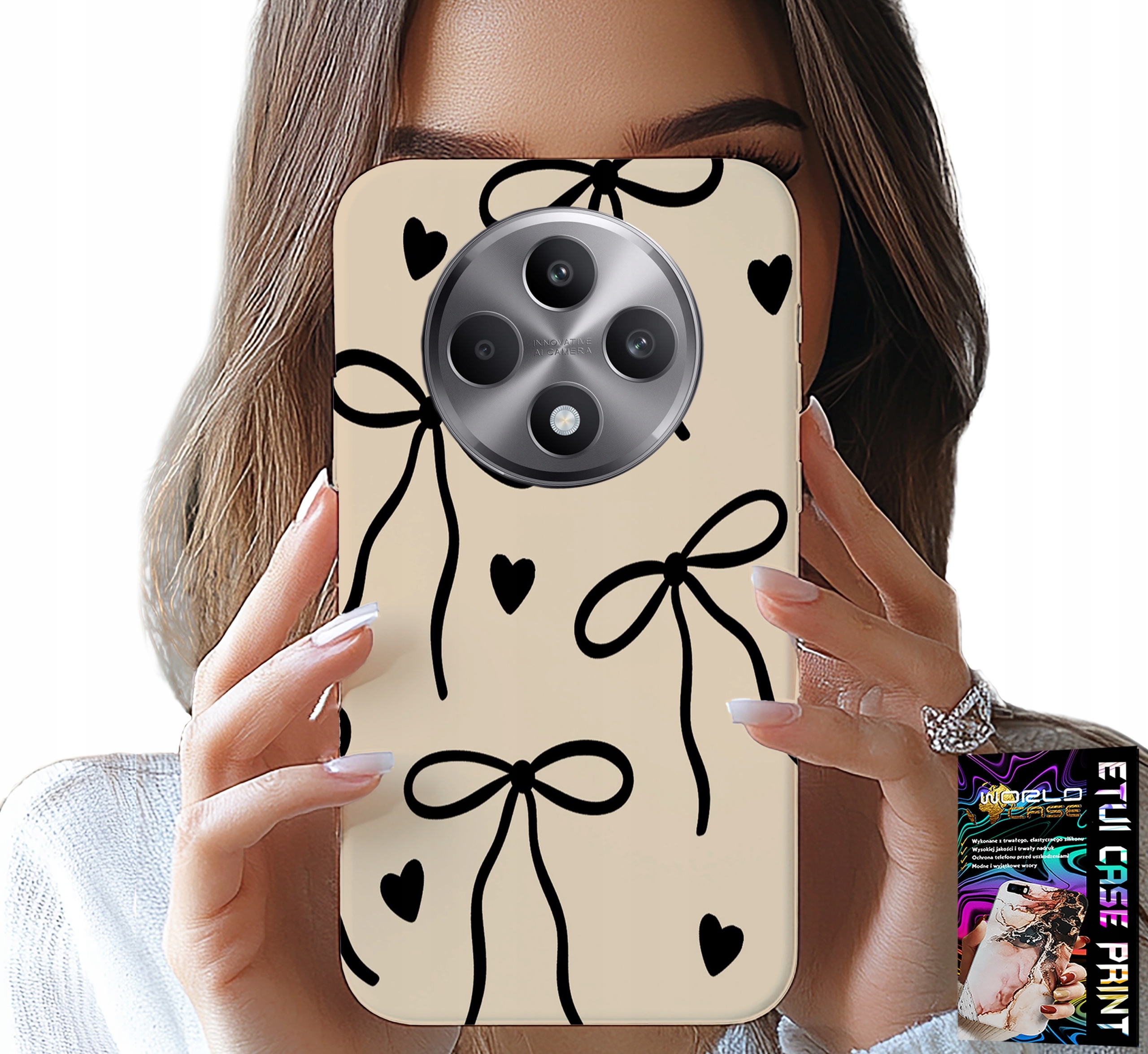 ETUI DO OPPO RENO12 F / 12FS 5G - BEŻOWE KOKARDKI WSTĄŻKA MODNE WZORY