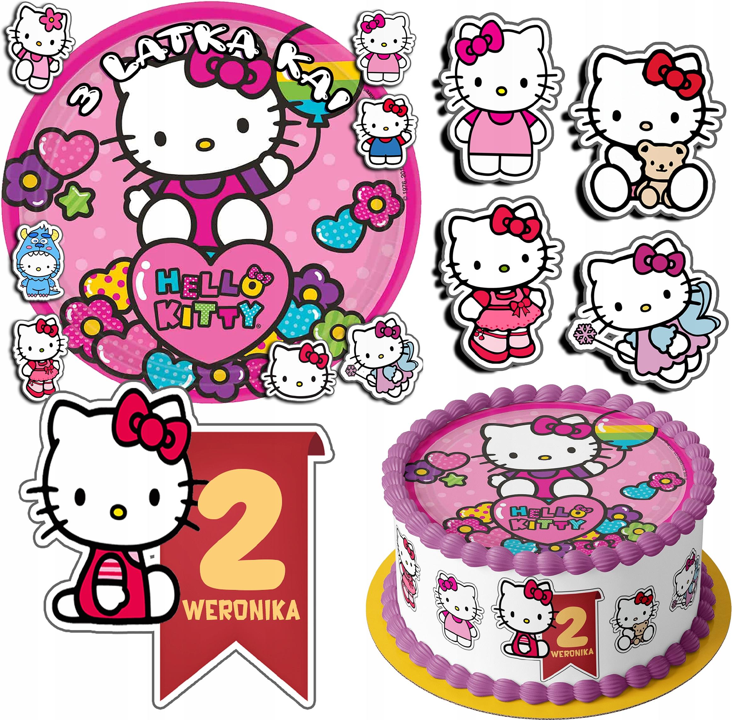 ZESTAW OPŁATEK NA TORT 30CM + 17 POSTACI - KOTEK HELLO + IMIĘ 24CM 26CM