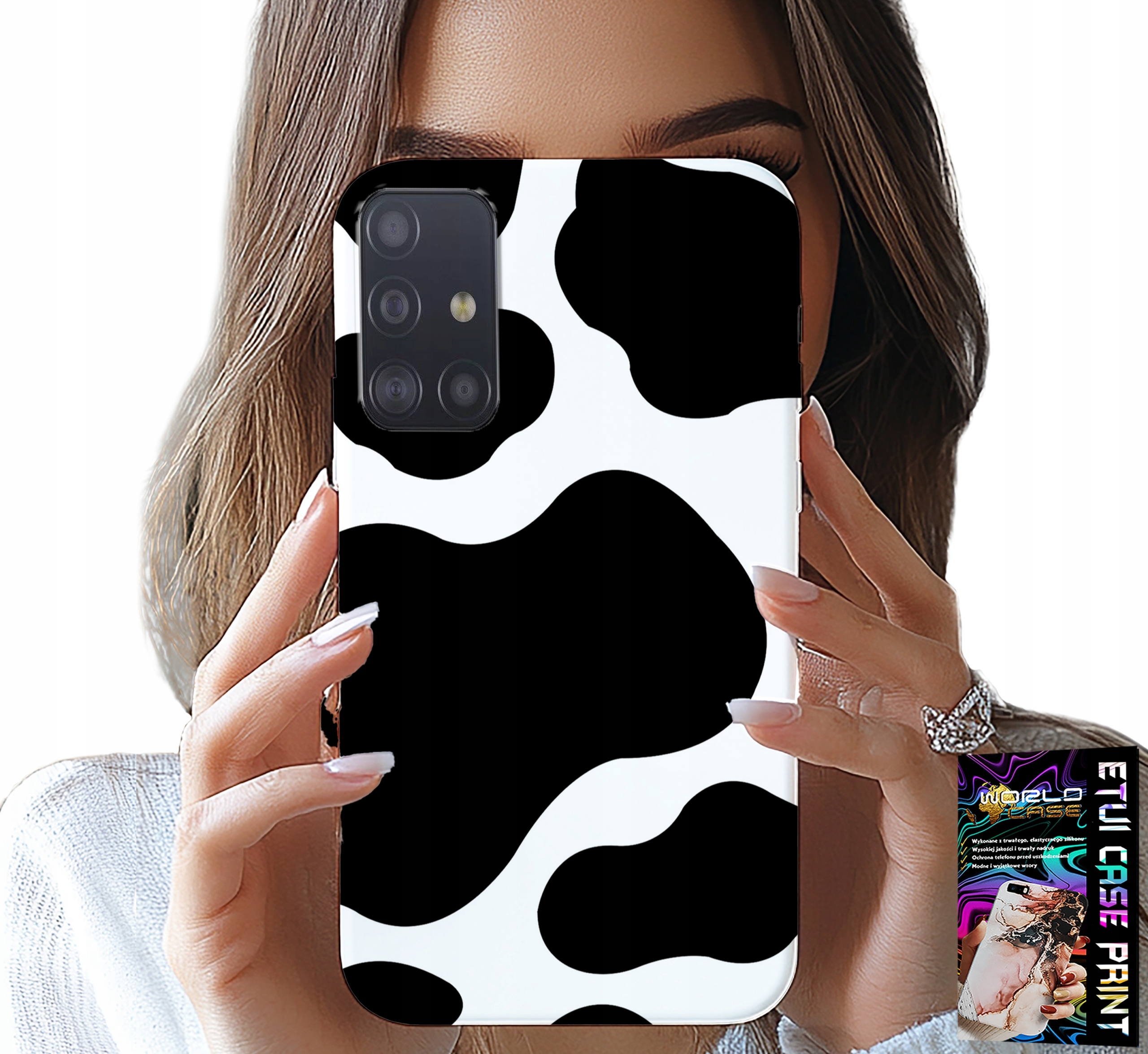 ETUI DO SAMSUNG GALAXY A51 - CZARNO - BIAŁE ŁATY KROWA, MODNE WZORY