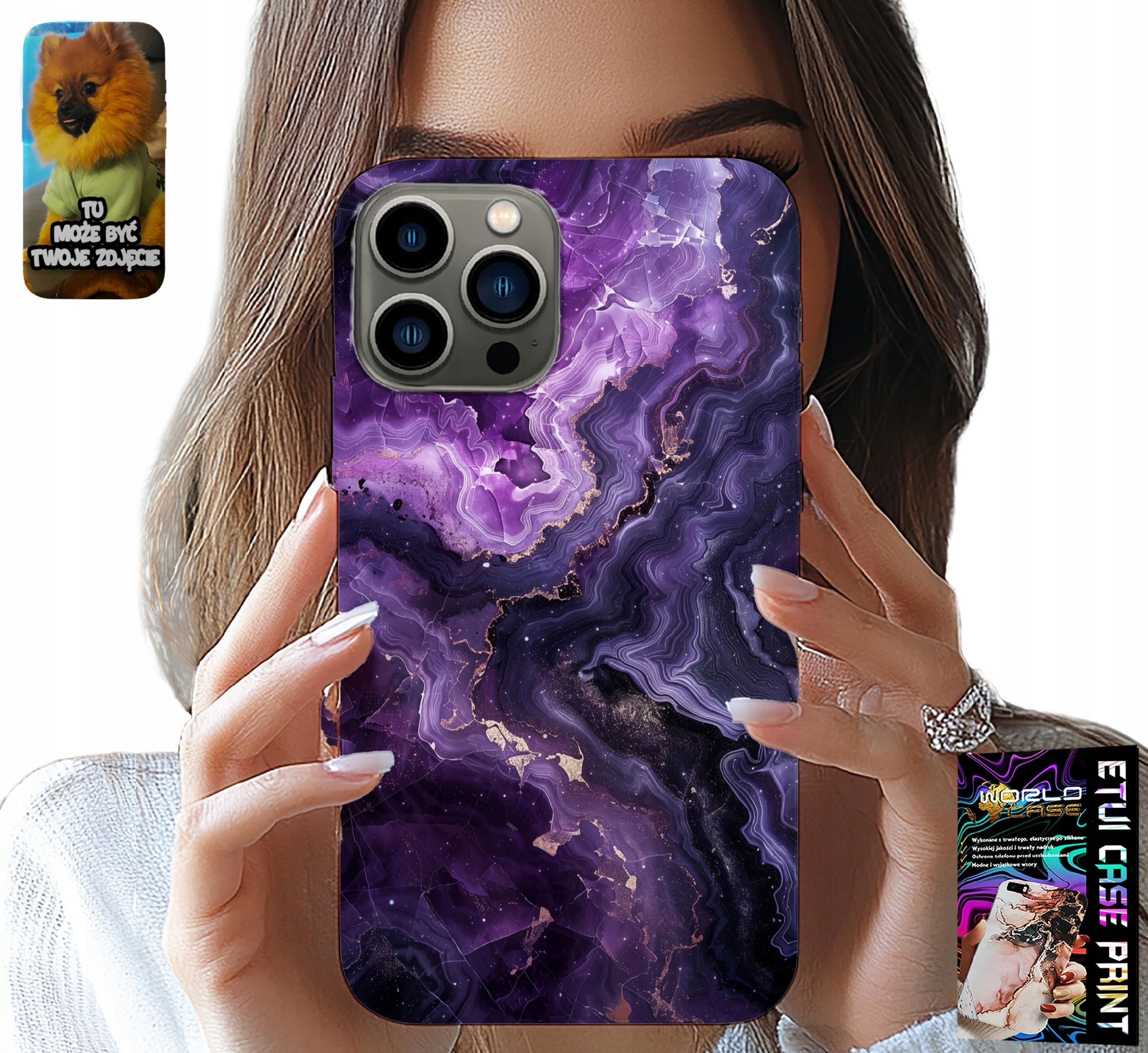 ETUI DO IPHONE 13 PRO - FIOLETOWY MARMUREK MODNE KOBIECE + SZKŁO