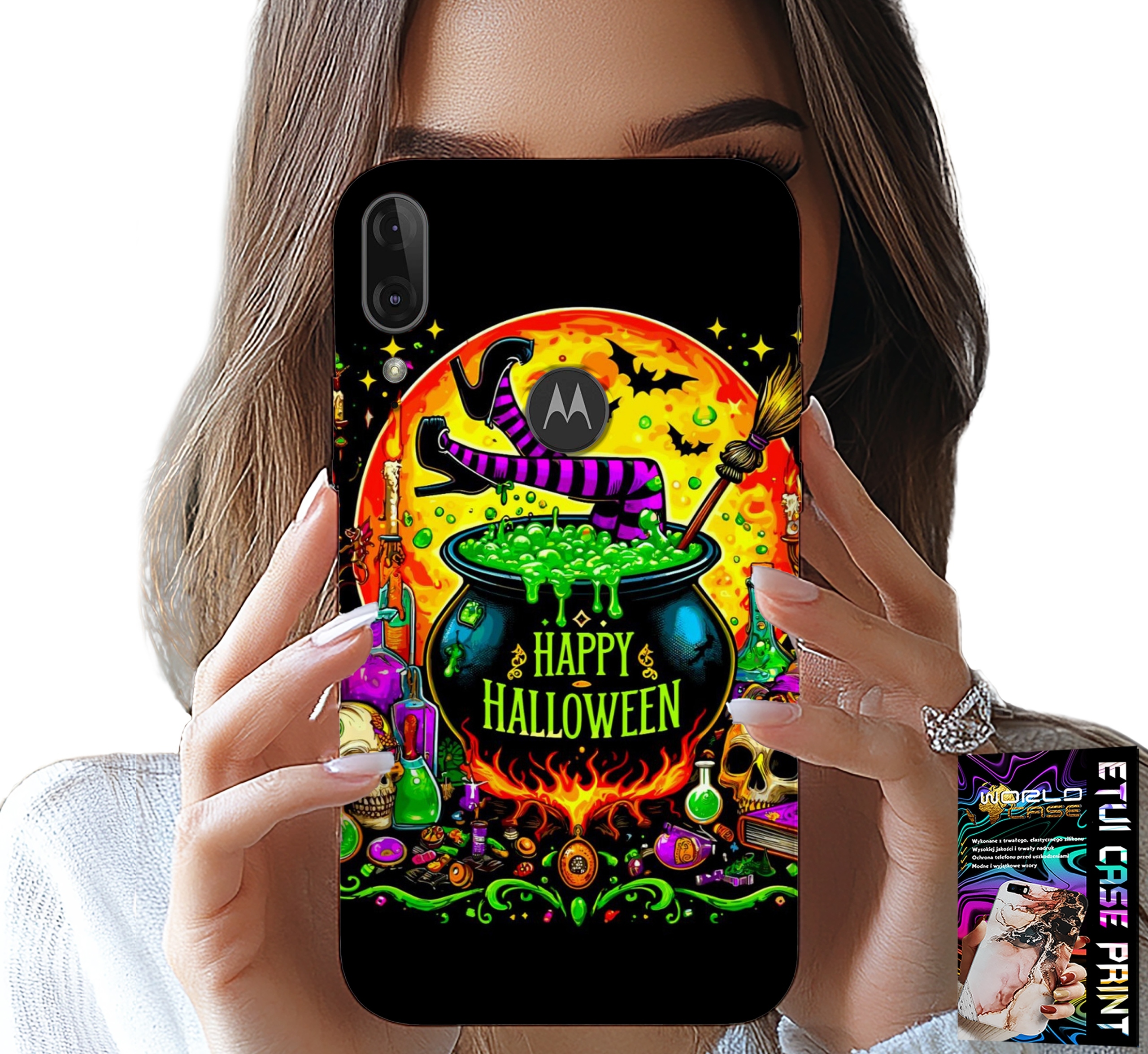 ETUI DO MOTOROLA MOTO E6 PLUS - WIEDŹMA KOCIOŁEK RÓŻDŻKA HALLOWEEN SZKŁO