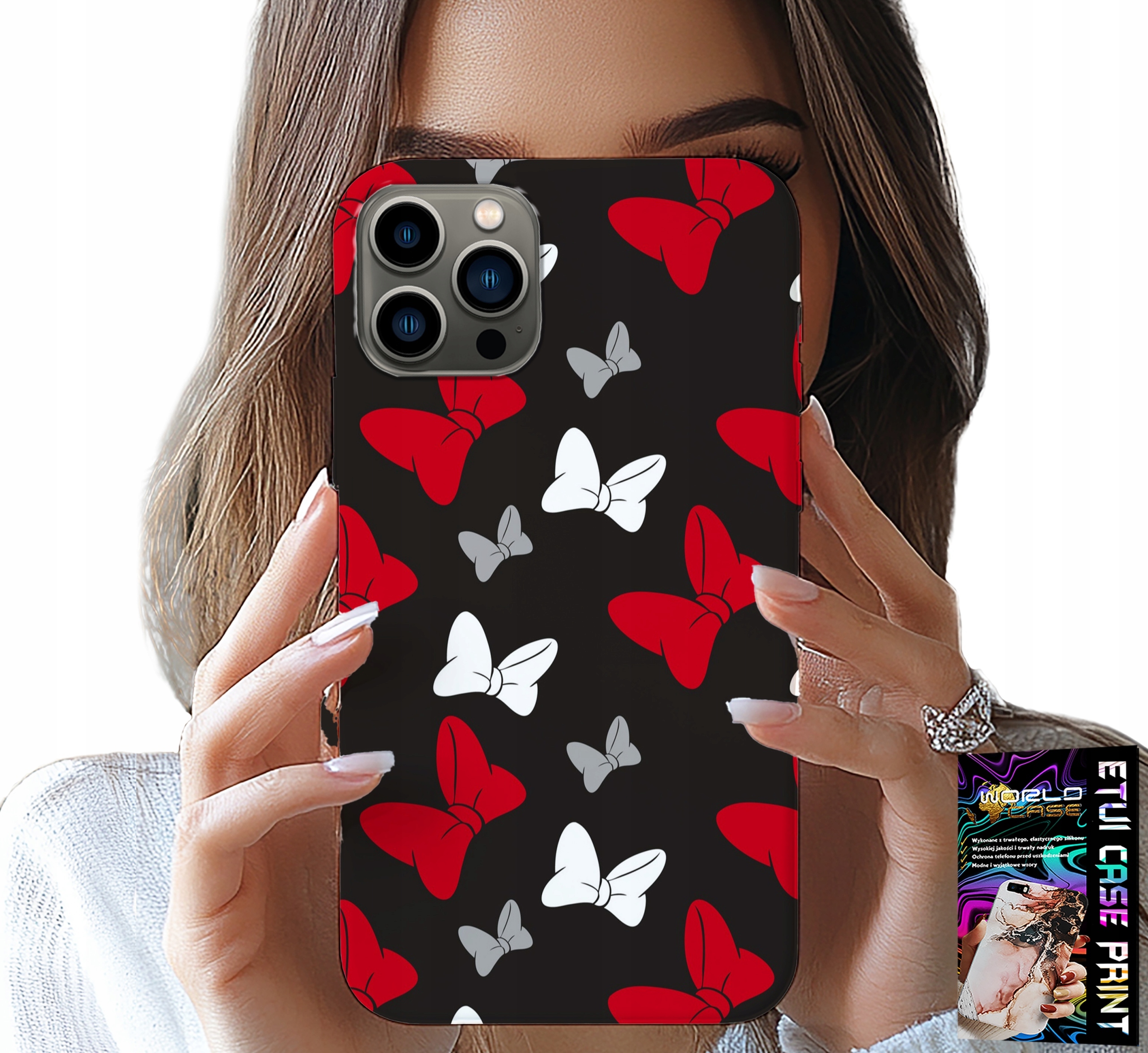 ETUI DO IPHONE 13 PRO MAX - KOKARDKI CZERWONO BIAŁE MYSZKA, WZORY