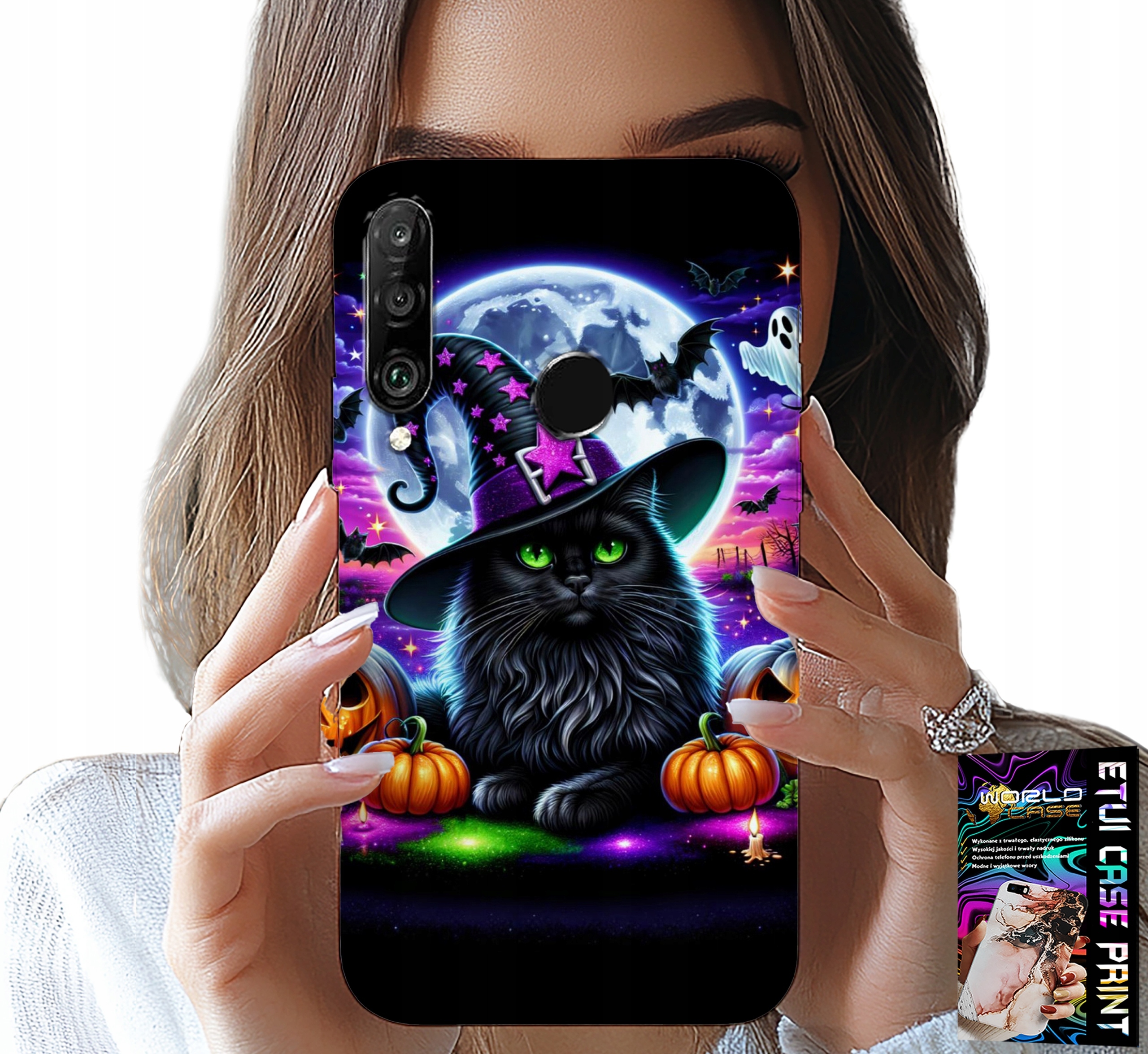 ETUI DO HUAWEI P30 LITE - CZARNY KOTEK HALLOWEEN SALEM DYNIA WZORY