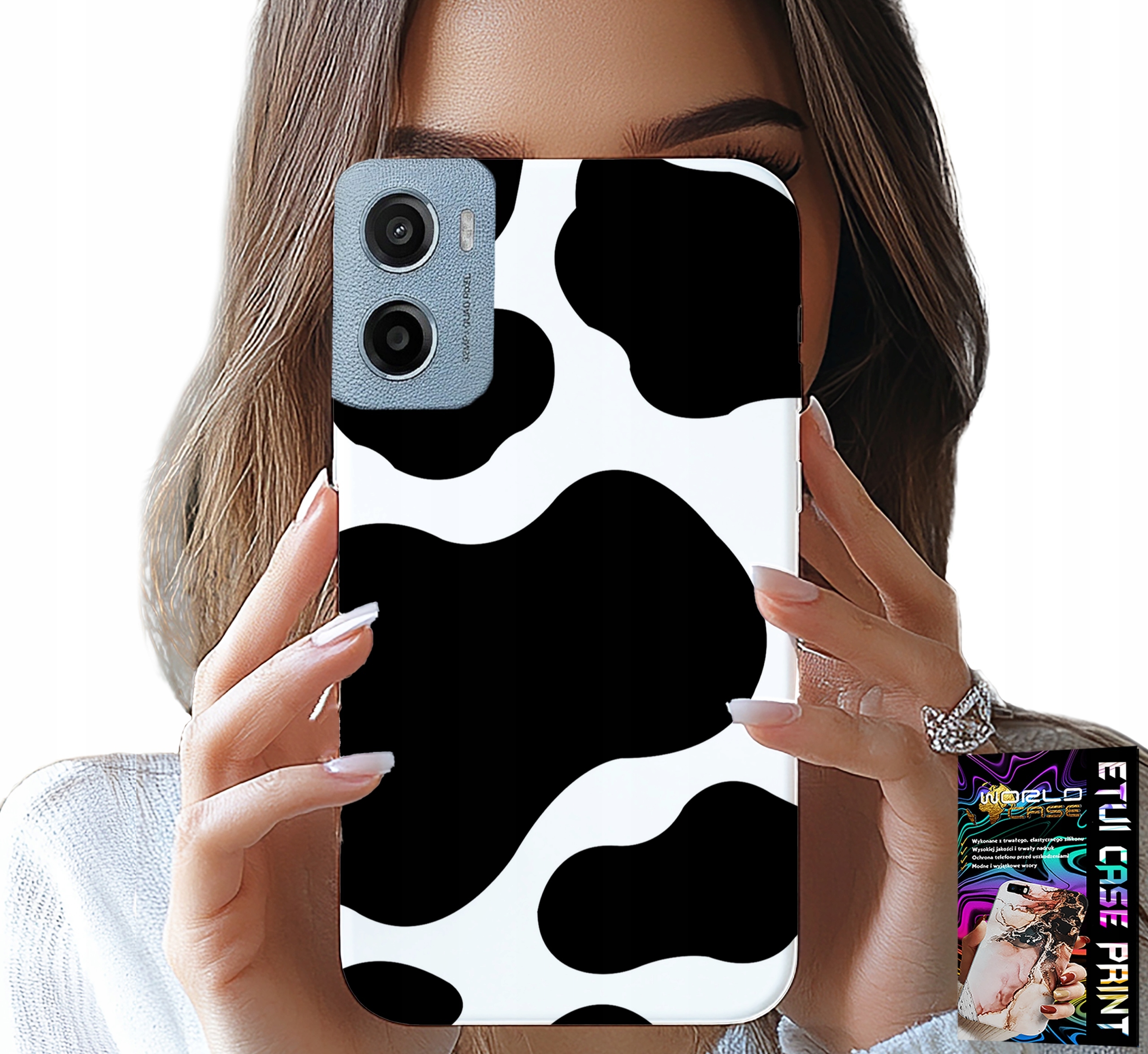 ETUI DO MOTOROLA E15 / G05 - CZARNO - BIAŁE ŁATY KROWA, MODNE WZORY