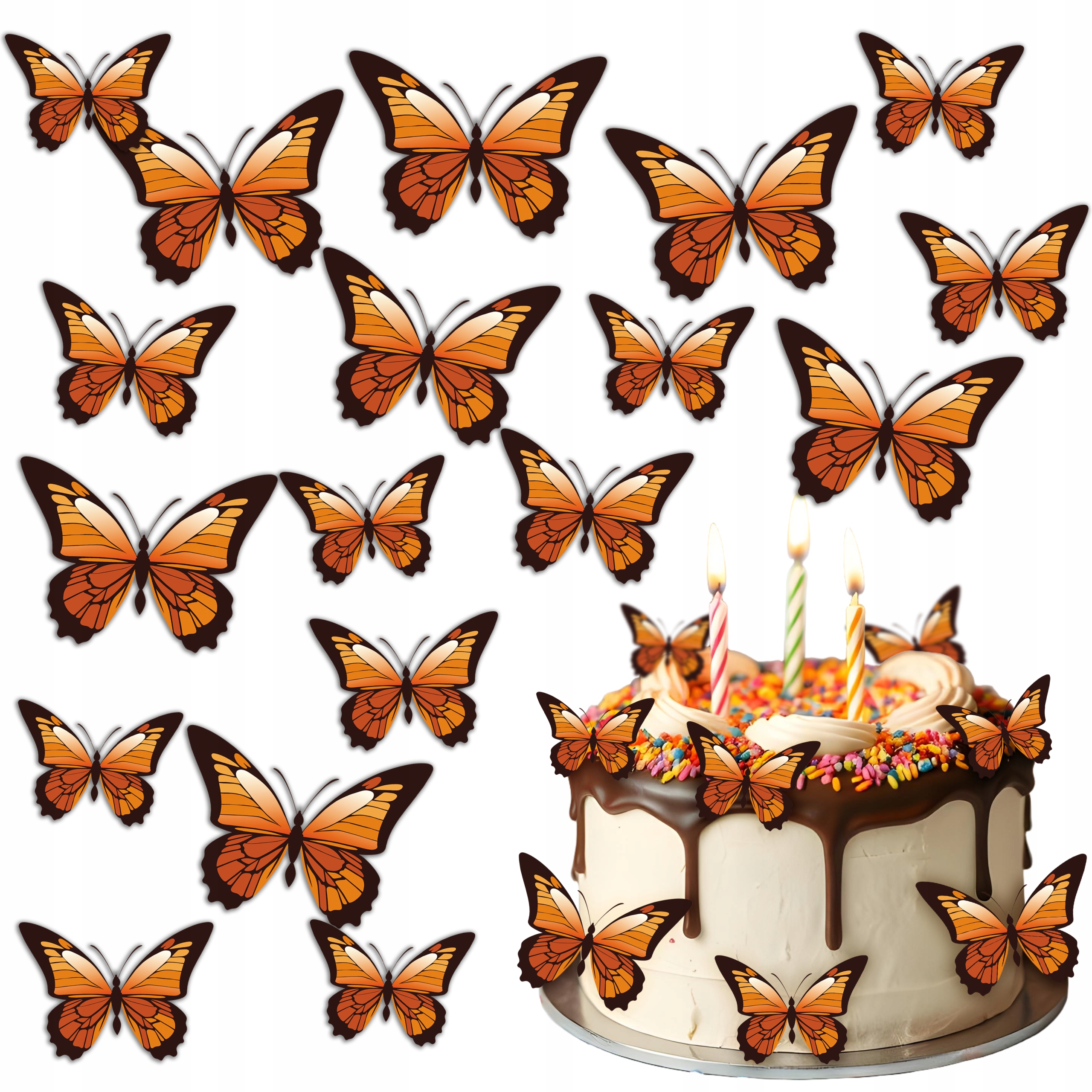 Waflowe Pomarańczowe MOTYLKI MOTYLEK na tort Jadalna Dekoracja 23 szt