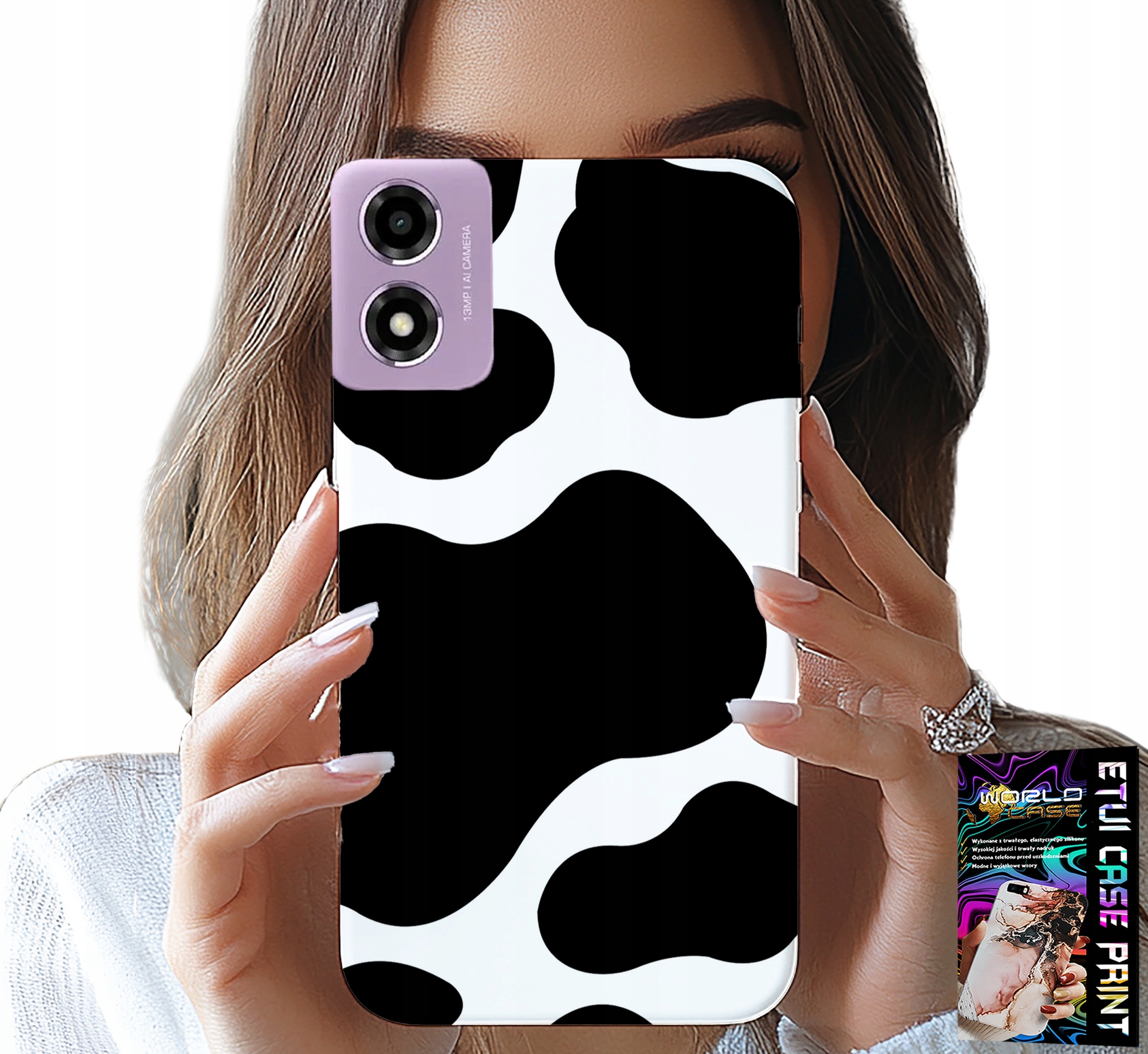 ETUI DO MOTOROLA MOTO E14 - CZARNO - BIAŁE ŁATY KROWA, MODNE WZORY