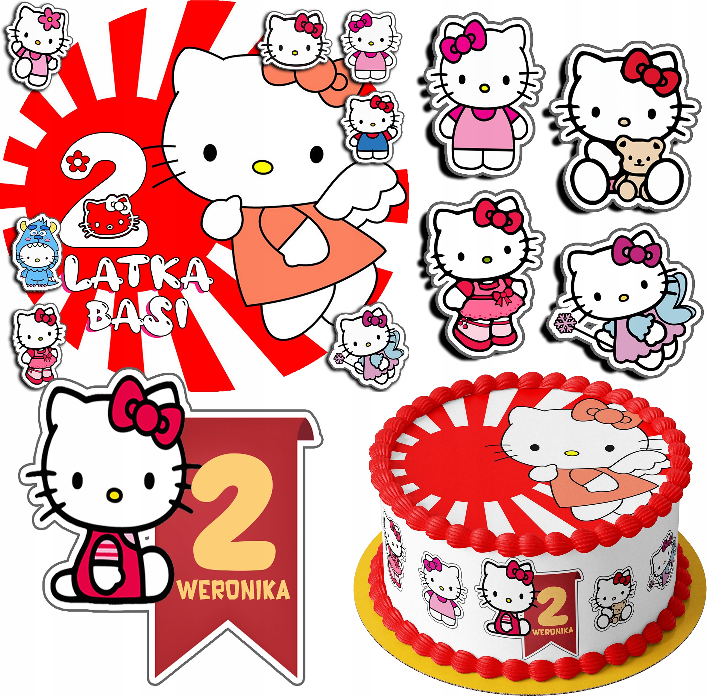 ZESTAW OPŁATEK NA TORT 20CM + 17 POSTACI - HELLO KITTTTY + IMIĘ 15CM 18CM