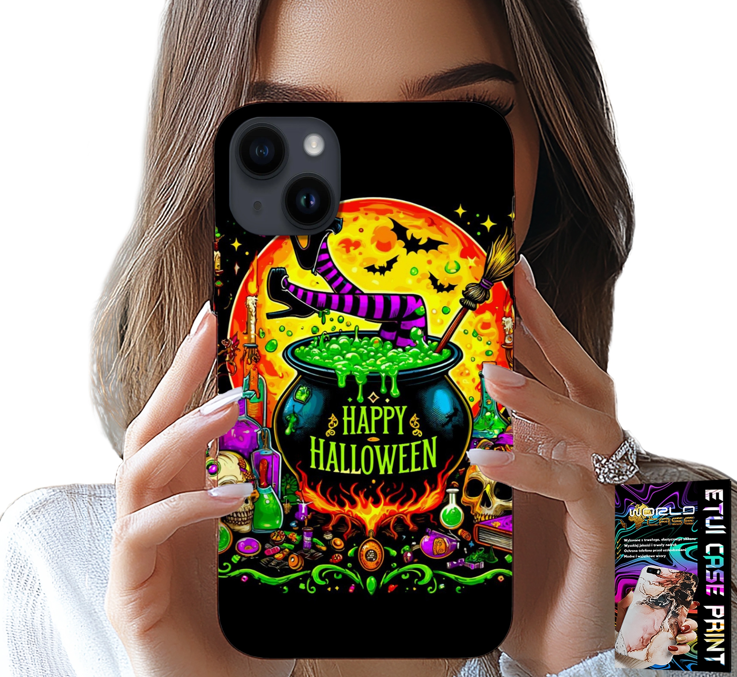 ETUI DO IPHONE 14 PLUS - WIEDŹMA KOCIOŁEK RÓŻDŻKA HALLOWEEN SZKŁO
