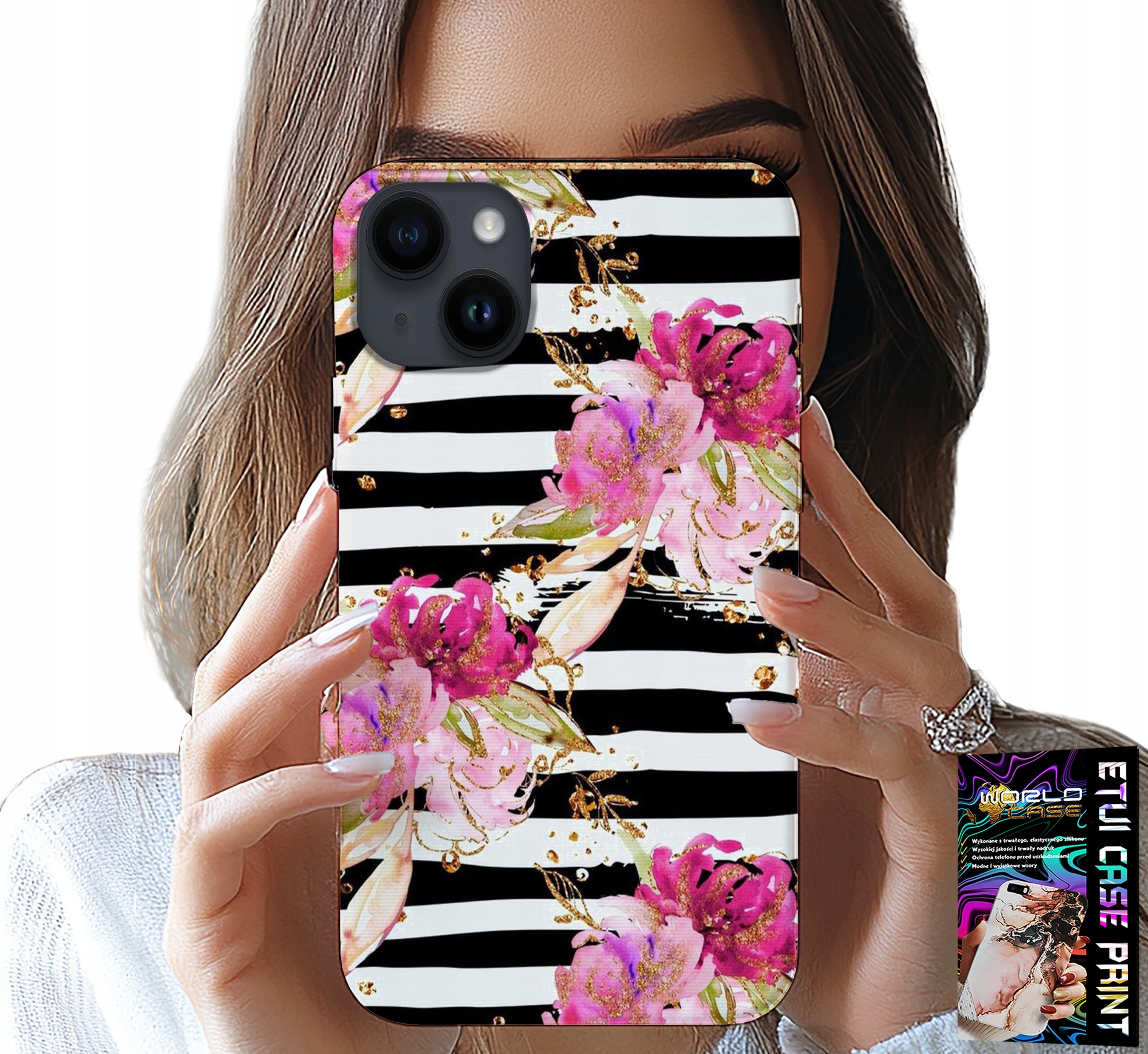 ETUI DO IPHONE 15 - KWIATKI W CZARNO - BIAŁE PASKI WZORY