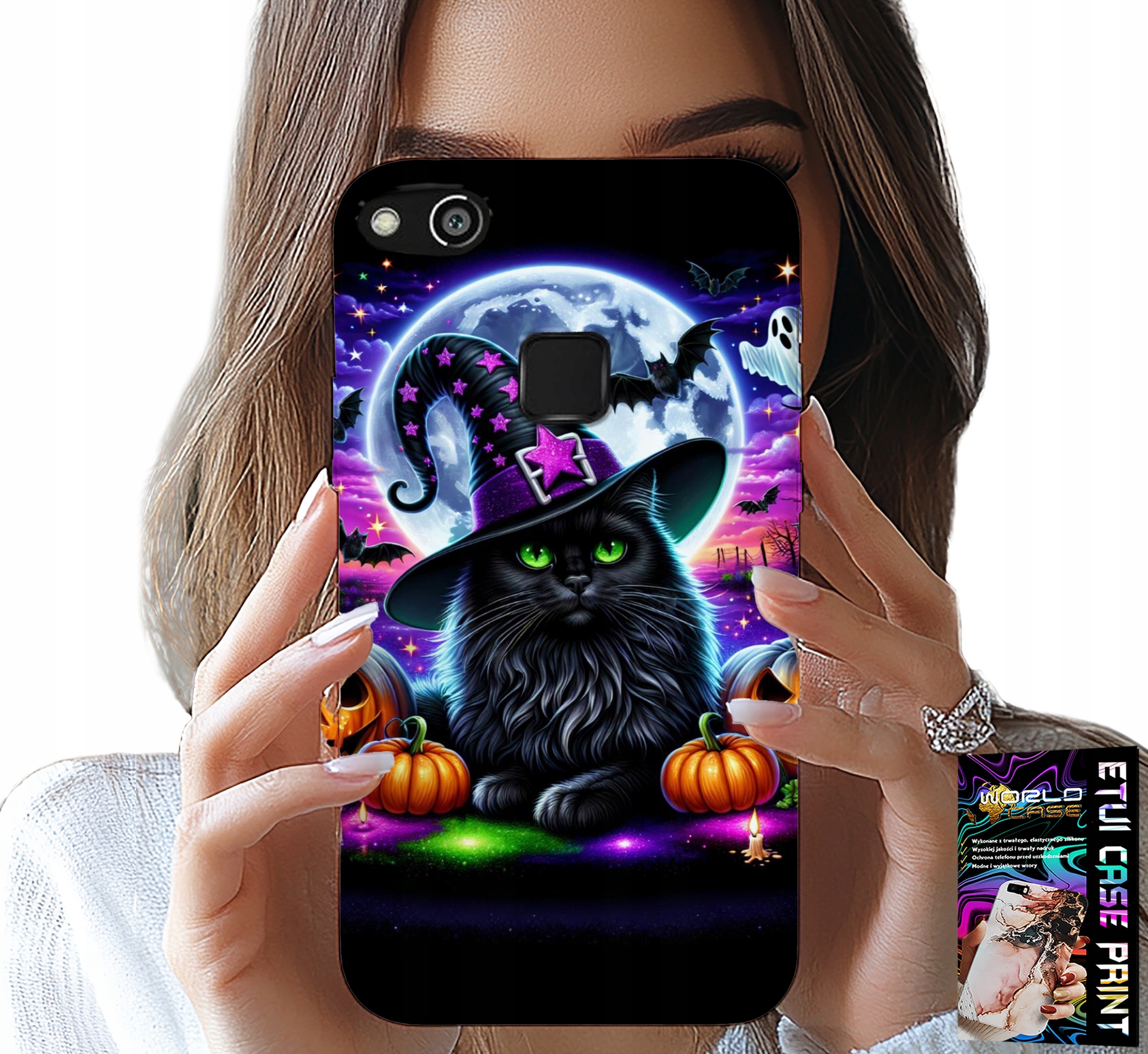 ETUI DO HUAWEI P9 LITE 2016 - CZARNY KOTEK HALLOWEEN SALEM DYNIA WZORY