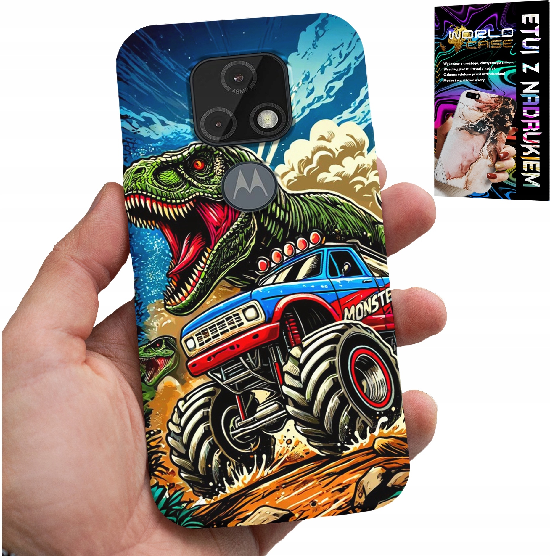 ETUI DO MOTOROLA MOTO E7 PLUS -DINOZAUR W MONSTERTRUCKU WZORY DLA DZIECI