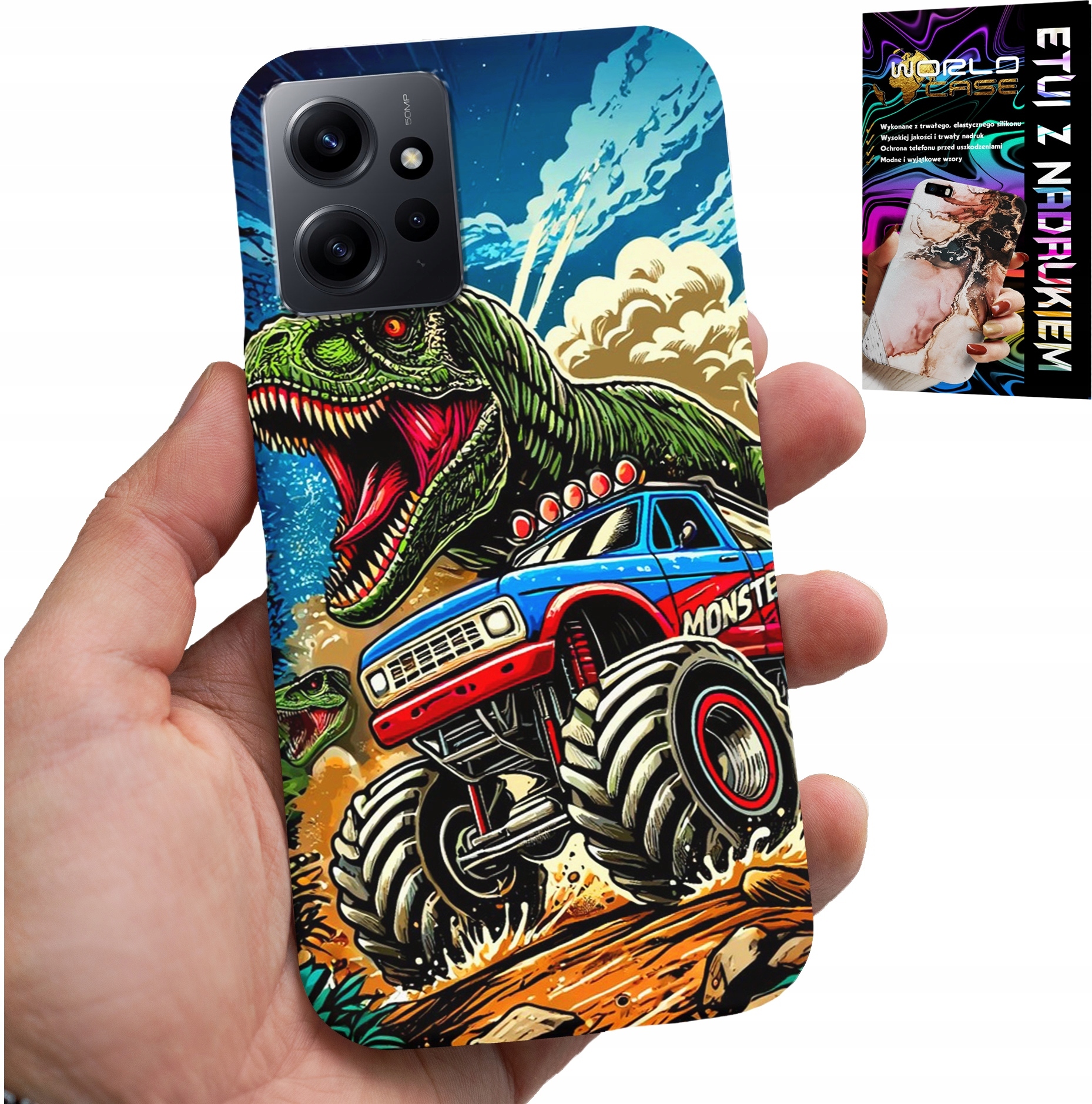 ETUI DO XIAOMI NOTE 12 4G -DINOZAUR W MONSTERTRUCKU WZORY DLA DZIECI