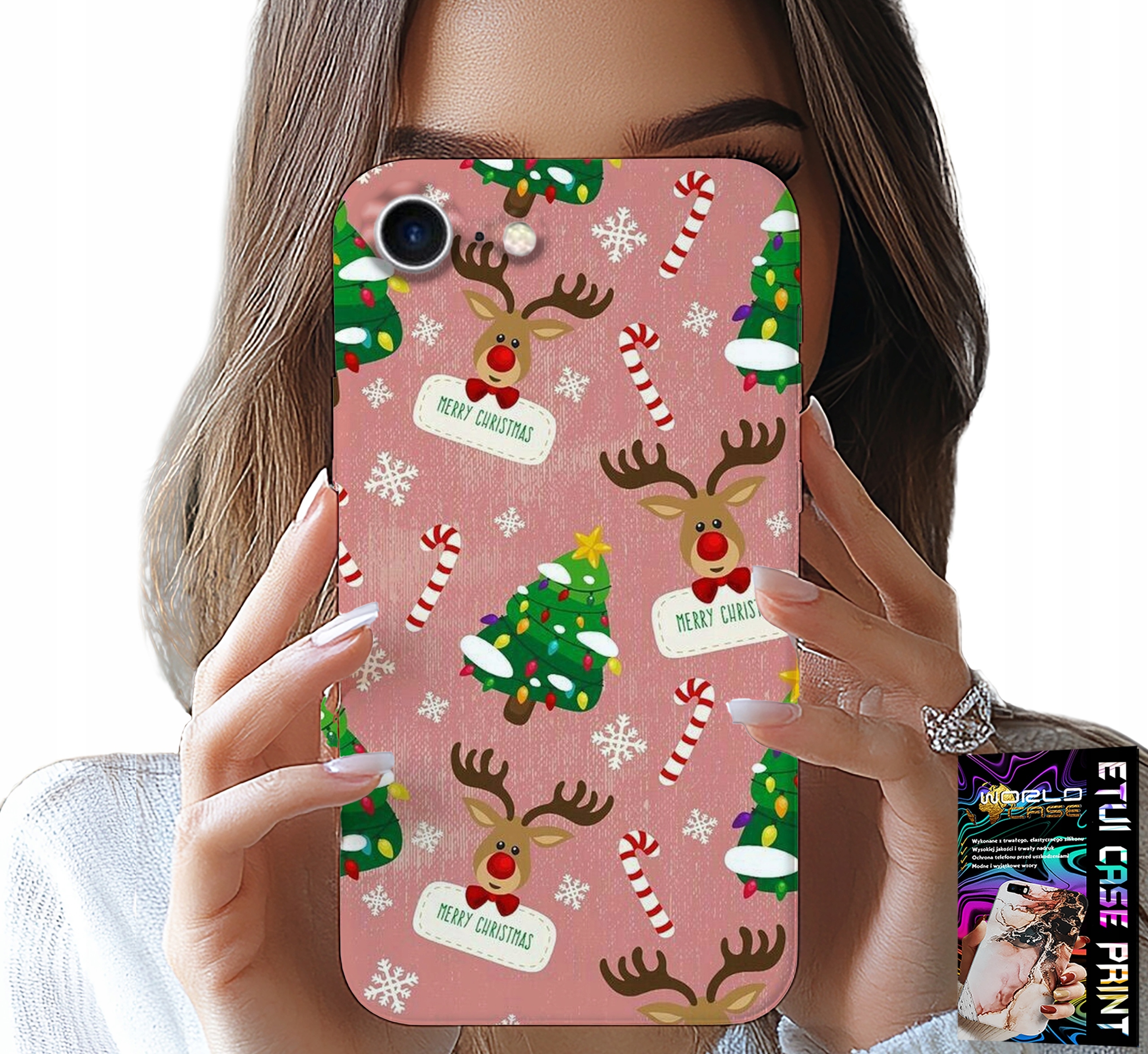 ETUI DO IPHONE SE / SE2 - ŚWIĄTECZNE RENIFERY CHOINKI LASKA WZORY