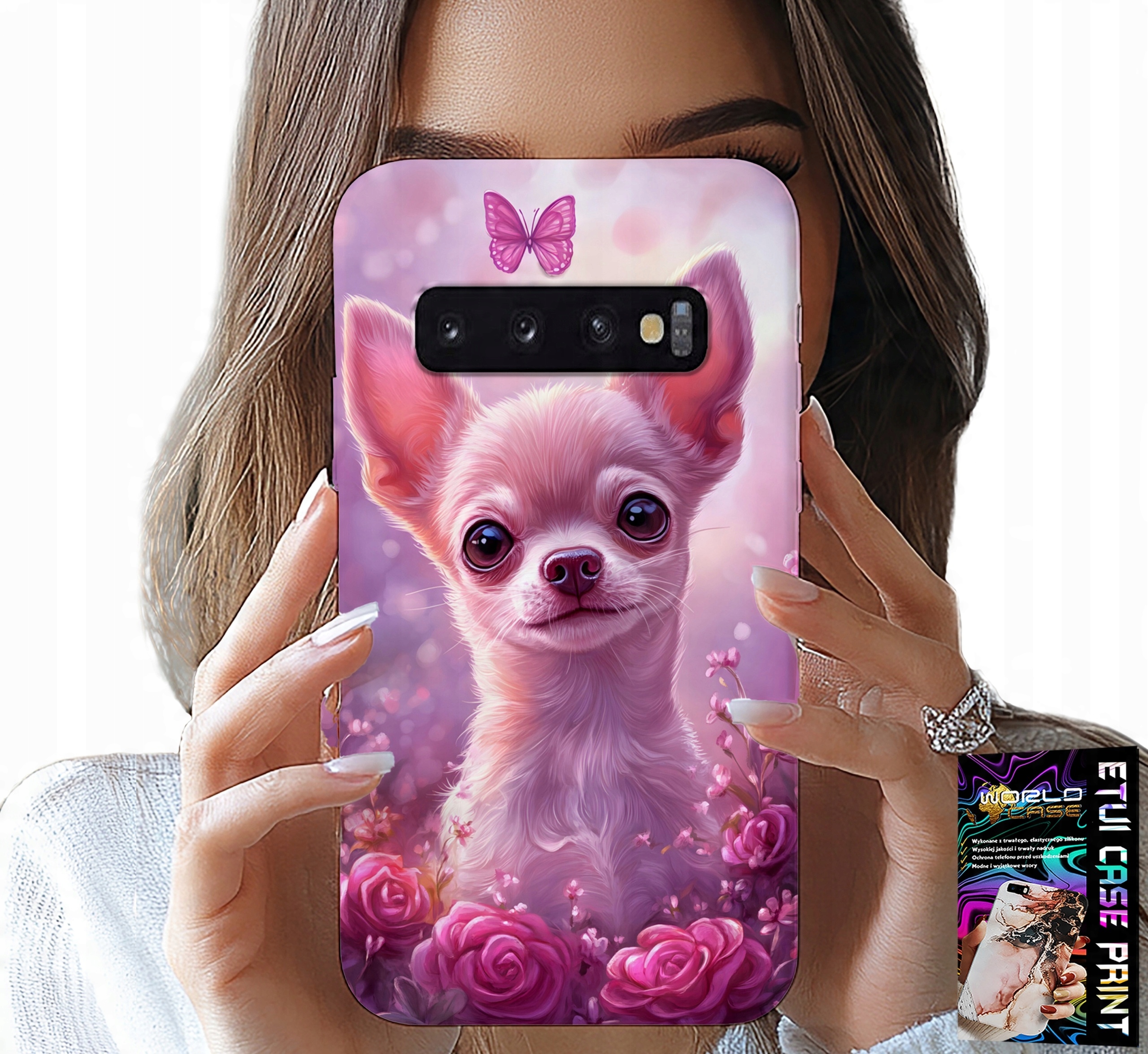 ETUI DO SAMSUNG GALAXY S10 PLUS - SŁODKA CHIHUAHUA NA RÓŻOWYM TLE KWIATAMI