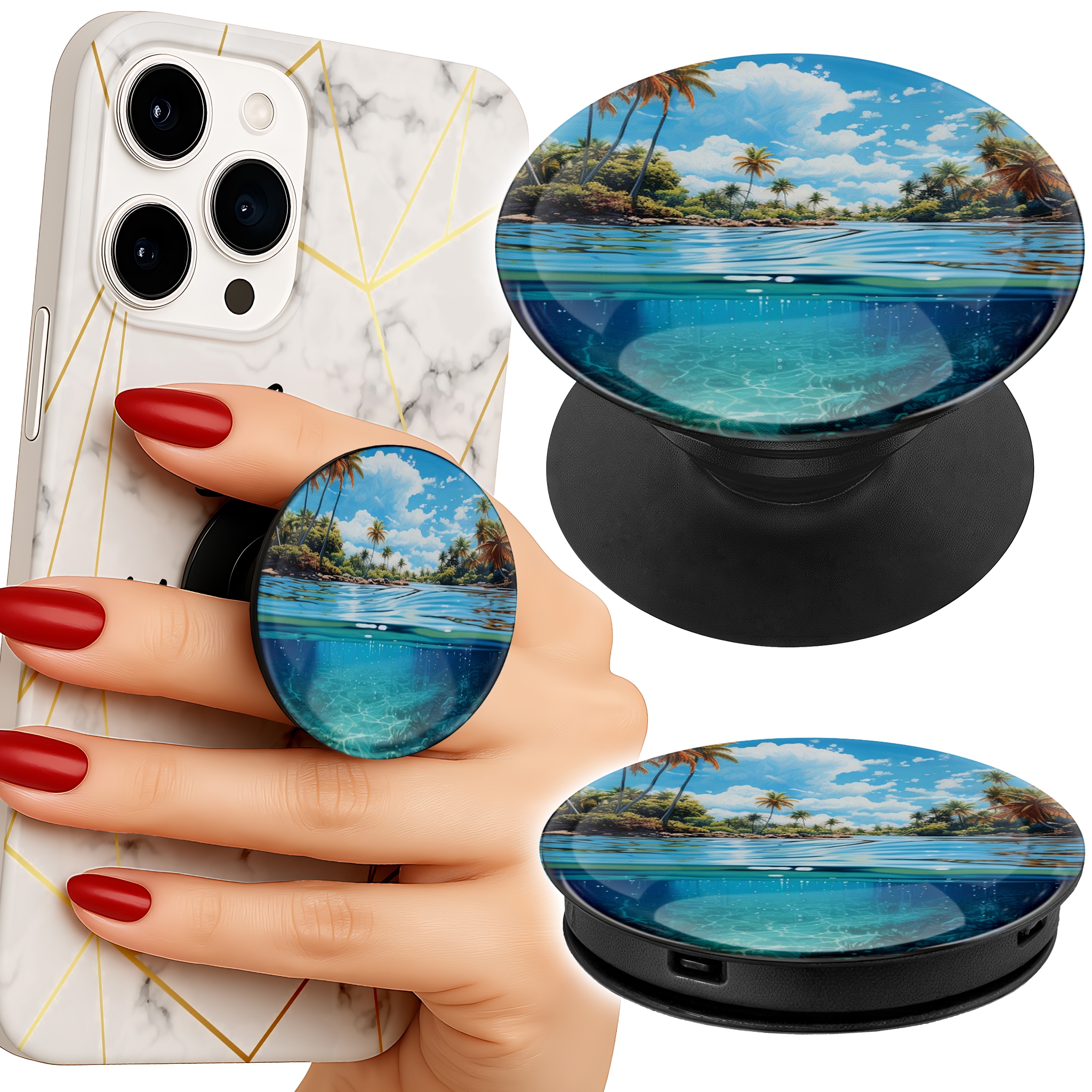Uchwyt do telefonu Popsocket na palce/stojak WYSPY PALMY WODA BŁEKIT