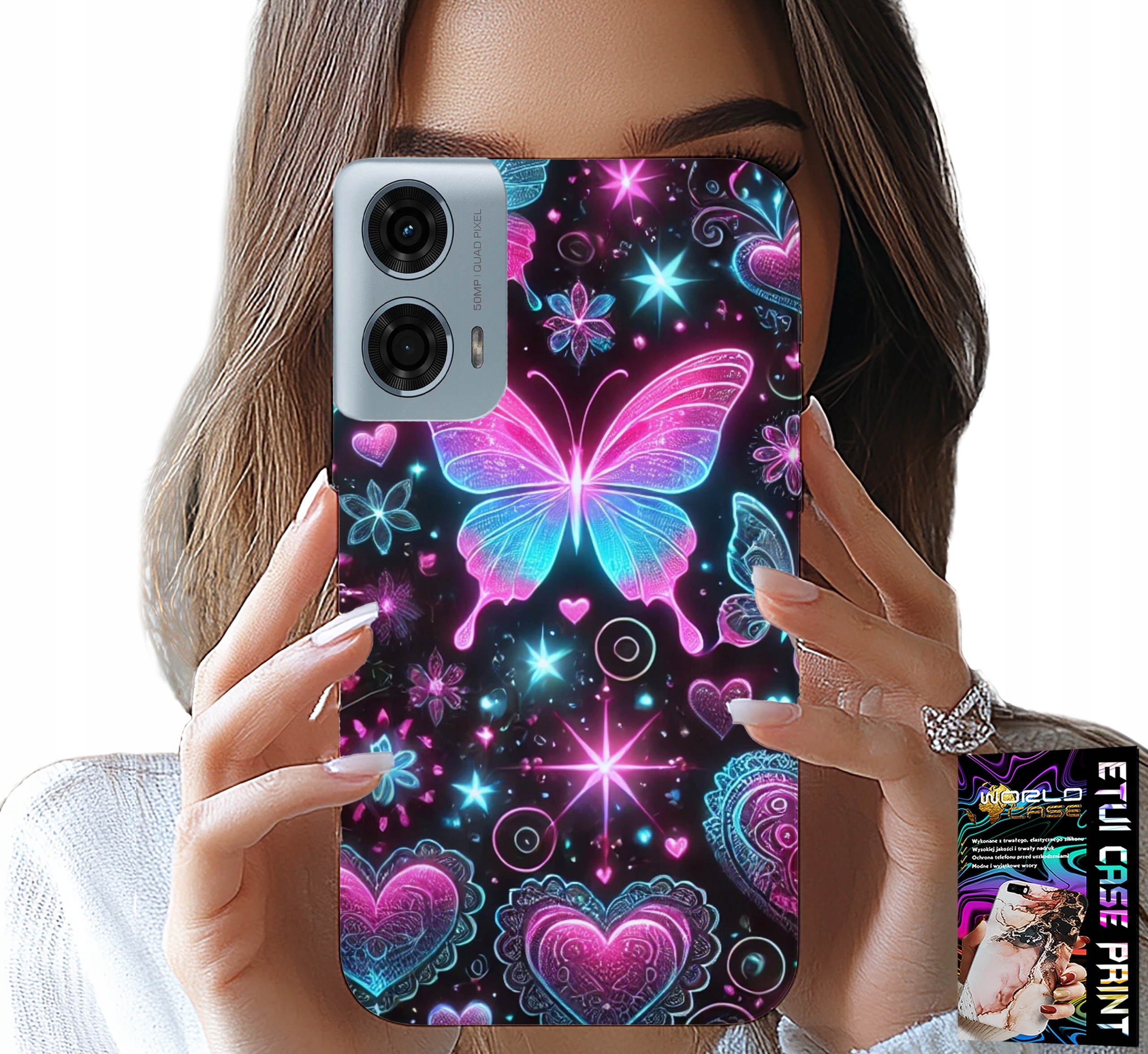 ETUI DO MOTOROLA G34 5G - KOLOROWY MOTYLEK SERCE MODNE WZORY CASE