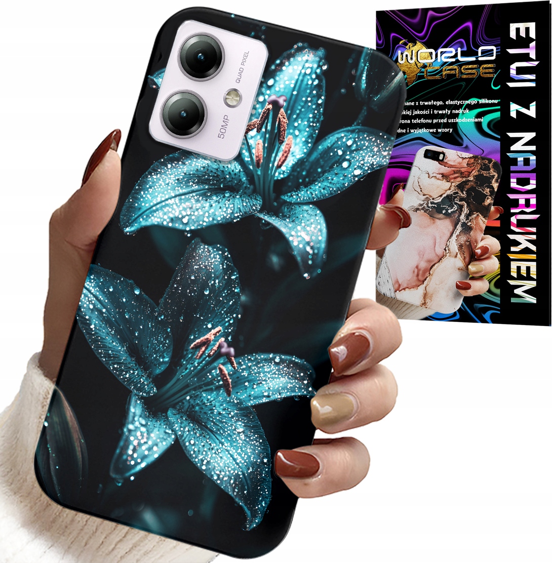 ETUI DO MOTOROLA MOTO G14 - TURKUSOWE LILIE KWIATY OBUDOWA + SZKŁO