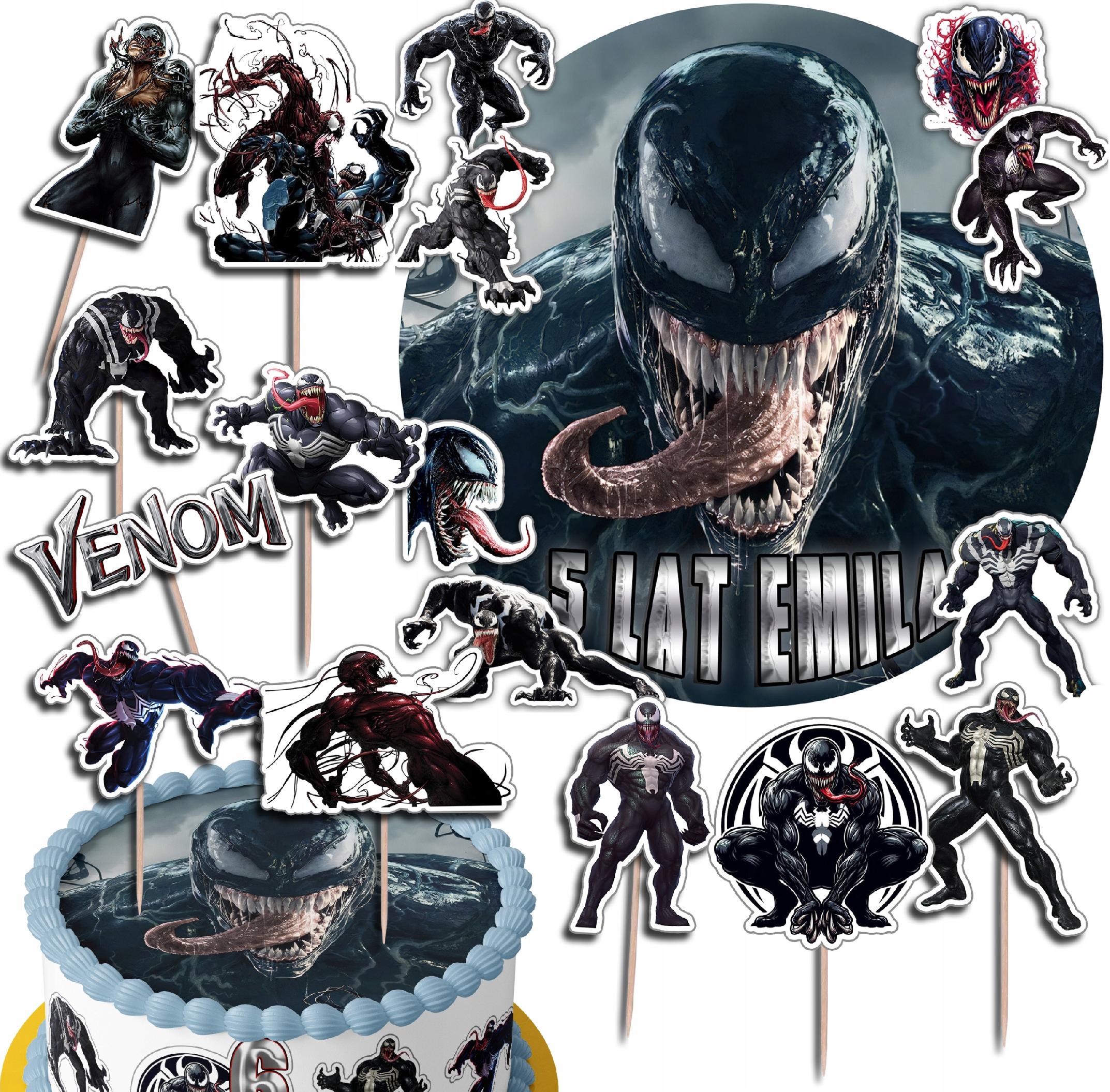 ZESTAW OPŁATEK NA TORT 20CM + TOPPERY PAPIEROWE - VENOM + IMIĘ 15CM 18CM