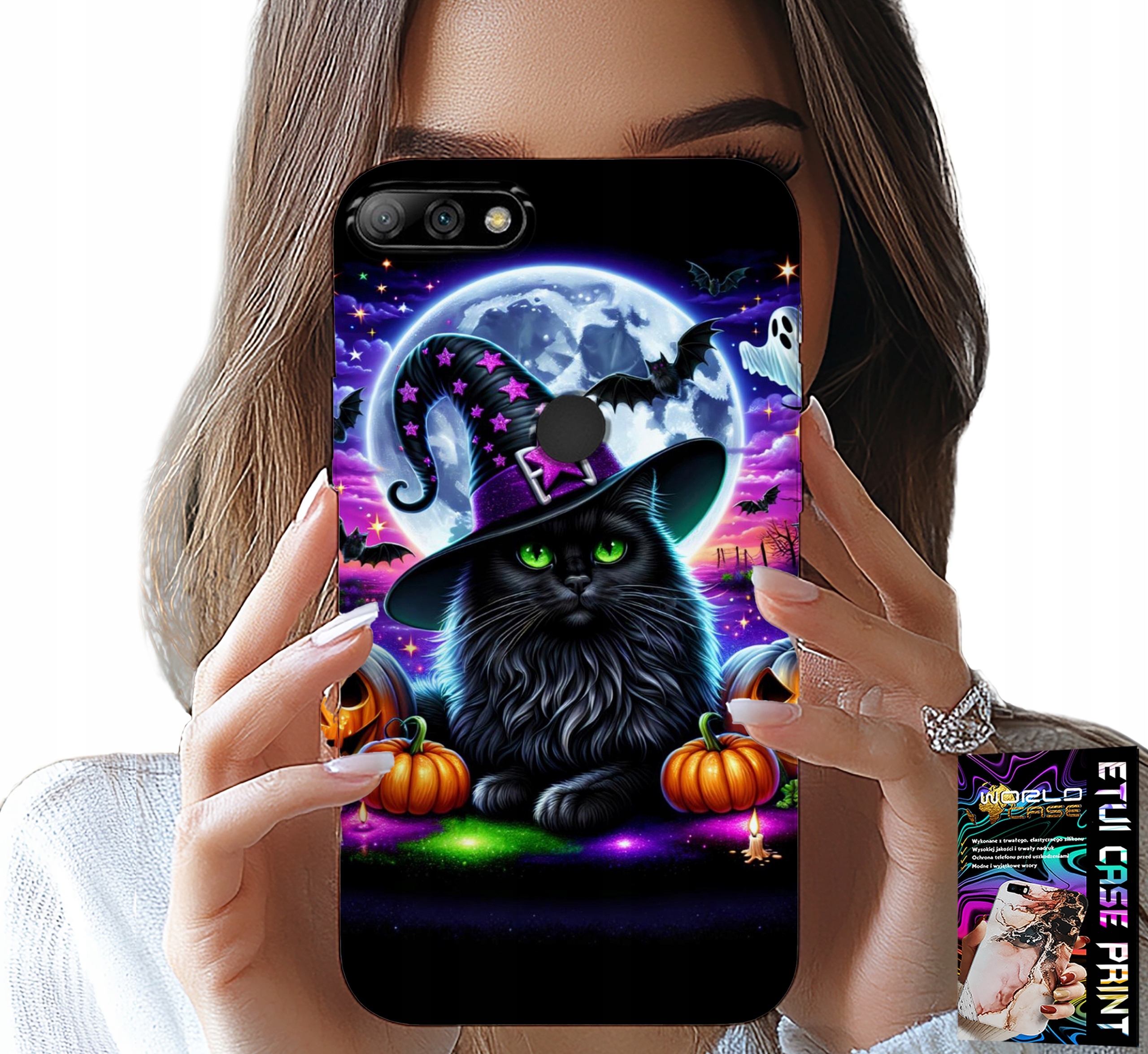 ETUI DO HUAWEI Y7 2018 - CZARNY KOTEK HALLOWEEN SALEM DYNIA WZORY