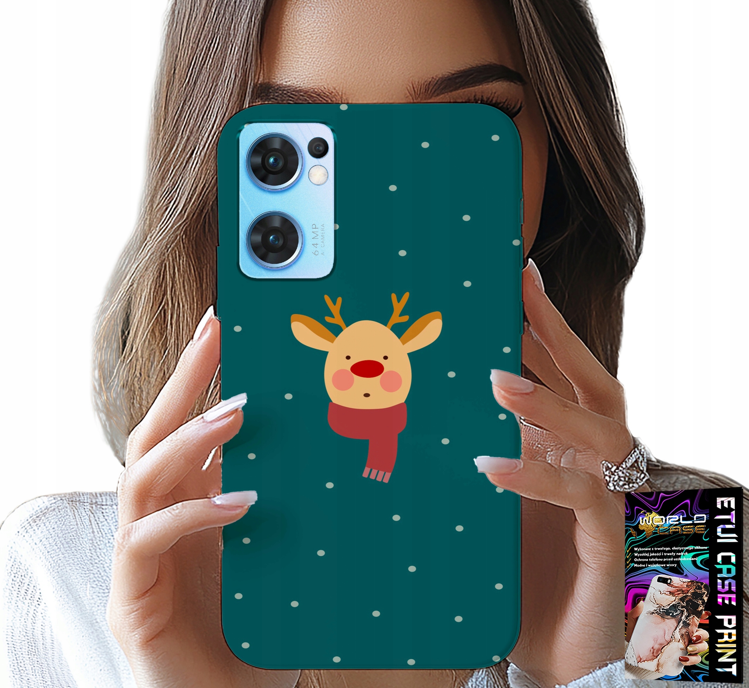 ETUI DO OPPO RENO7 5G - RENIFER NA ZIELONYM TLE ŚWIĄTECZNE WZORY