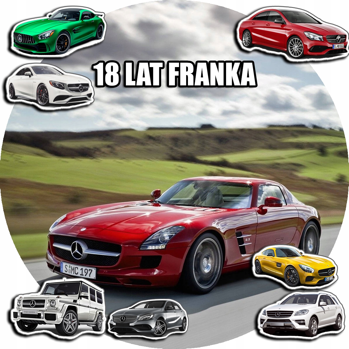 OPŁATEK NA TORT 30CM - SAMOCHODY AUTA MERCEDES + IMIĘ + GRATIS! 24CM 26CM