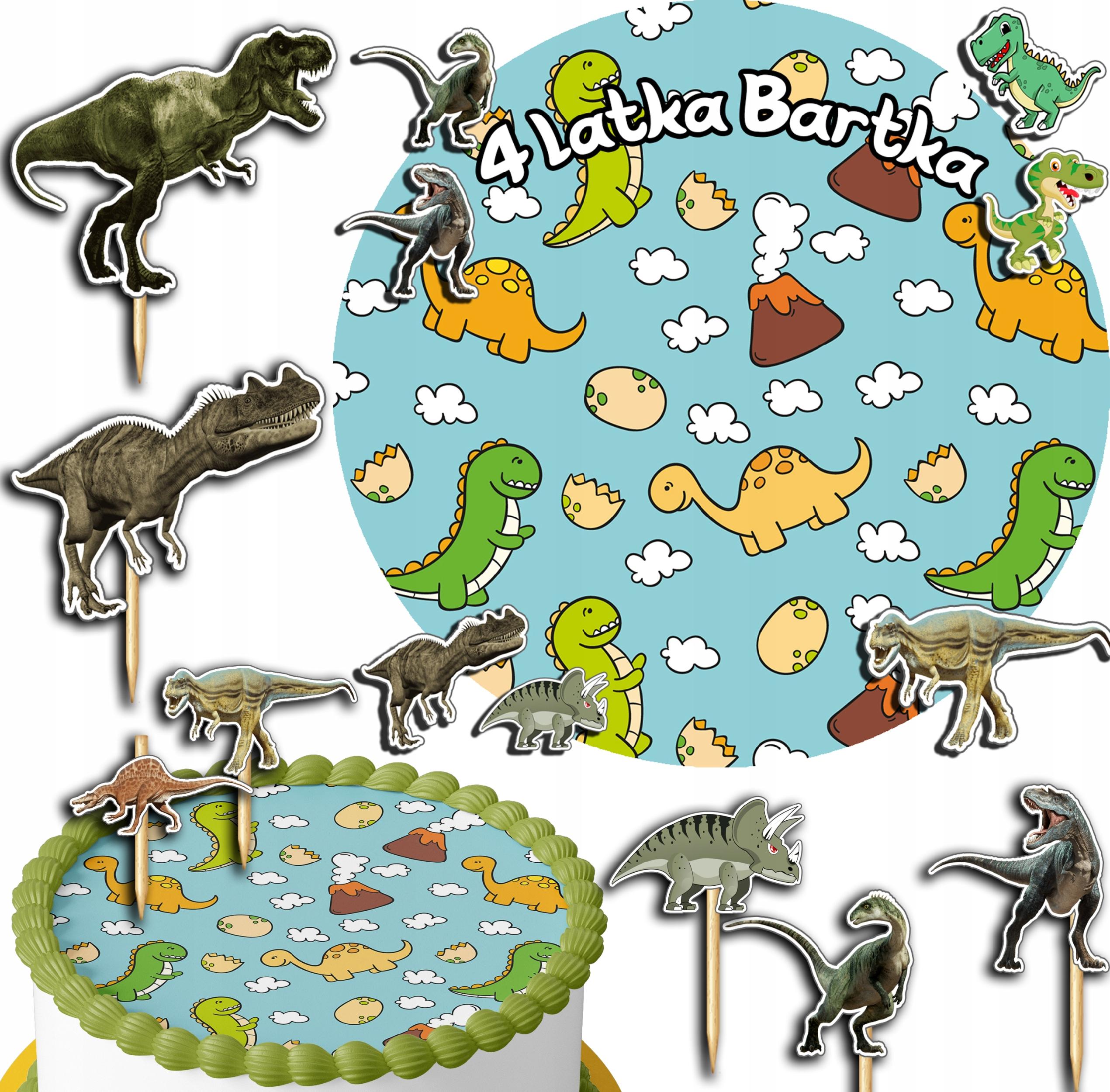 ZESTAW OPŁATEK NA TORT 20CM + TOPPERY PAPIEROWE - DINOZAUR 15CM 18CM