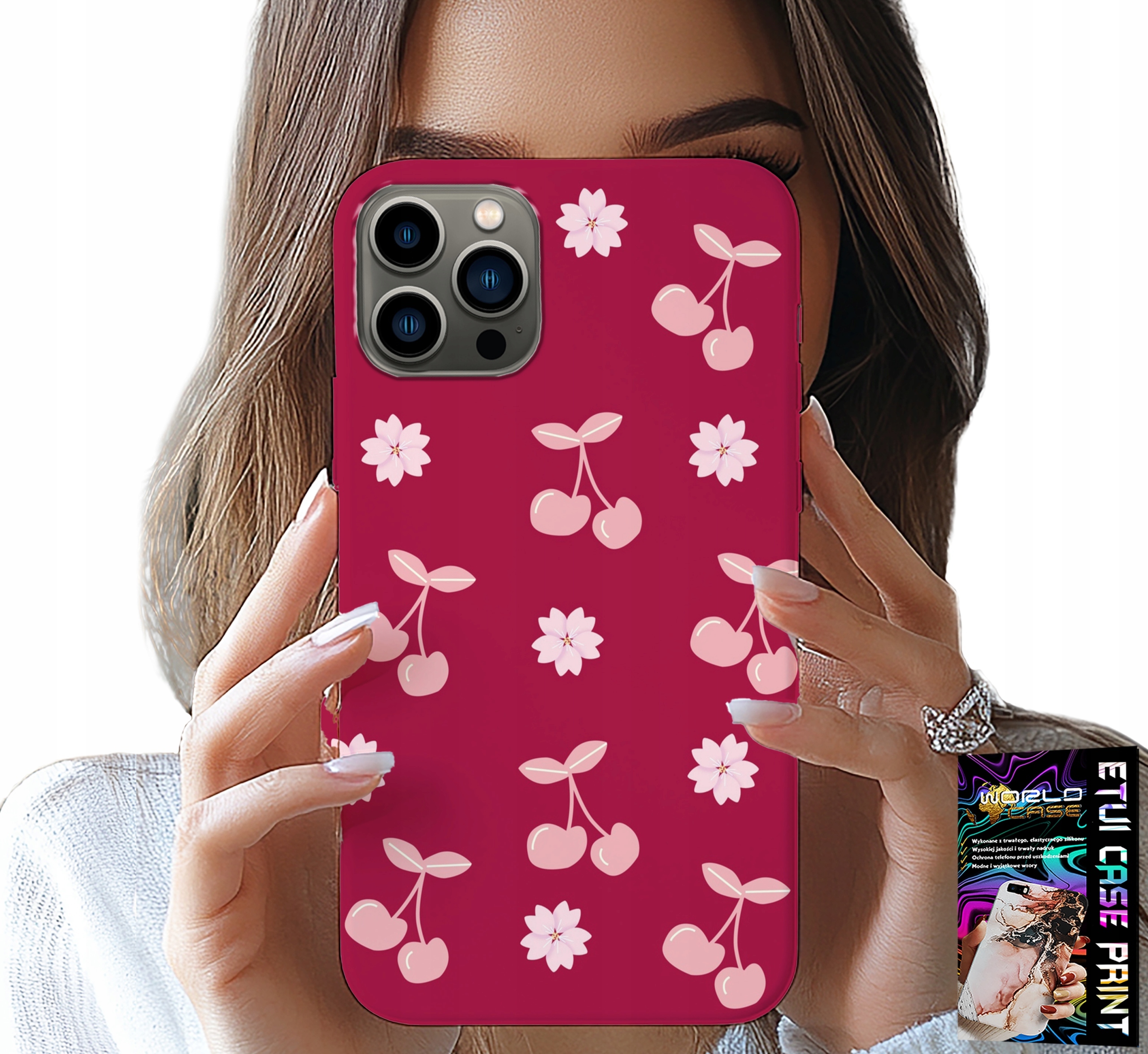 ETUI DO IPHONE 13 PRO MAX - WISIENKI, WIŚNIE NA BORDOWYM TLE + FOLIA