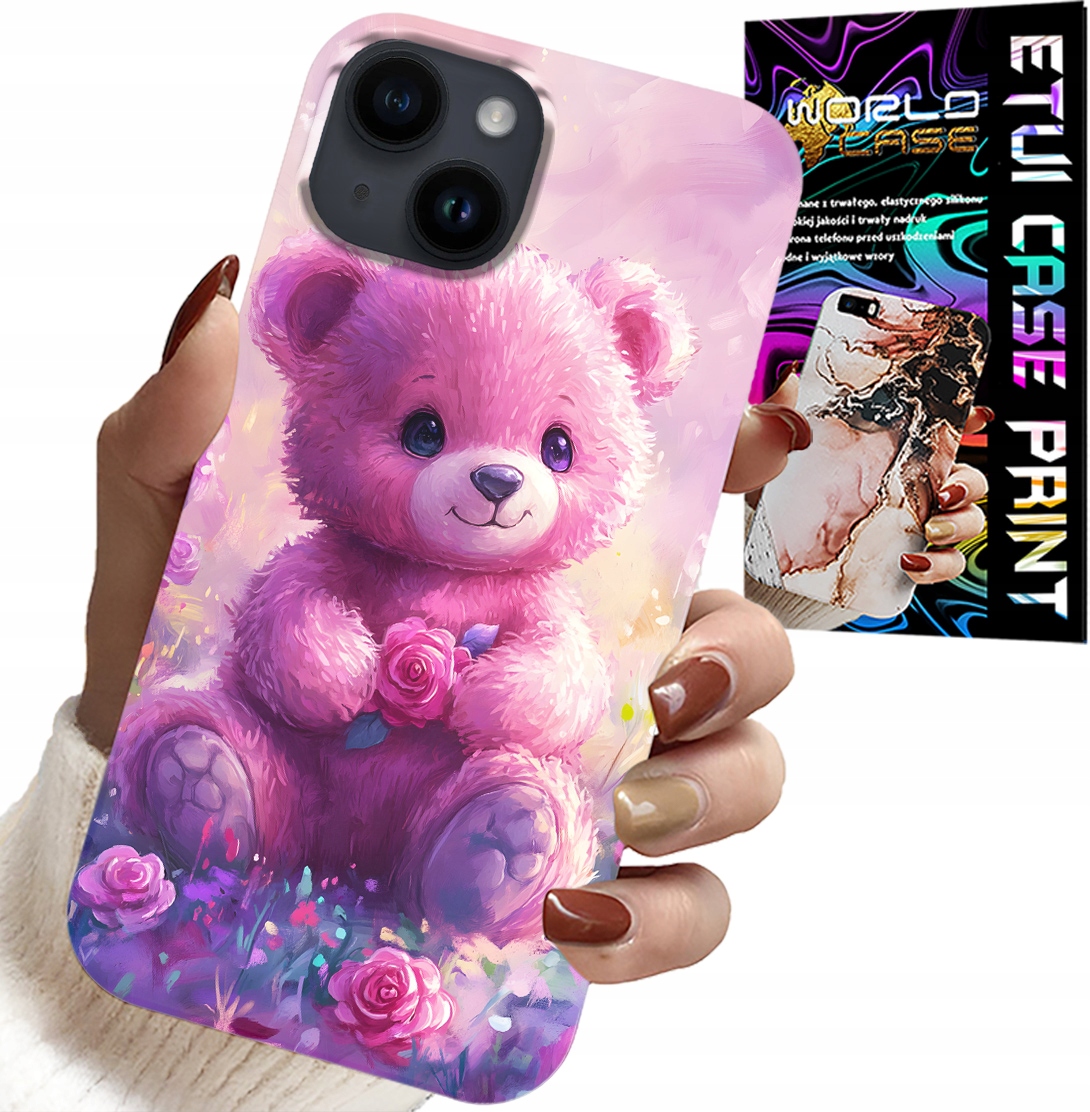 ETUI DO IPHONE 15 - SŁODKI MIŚ NA RÓŻOWYM TLE, CASE + SZKŁO