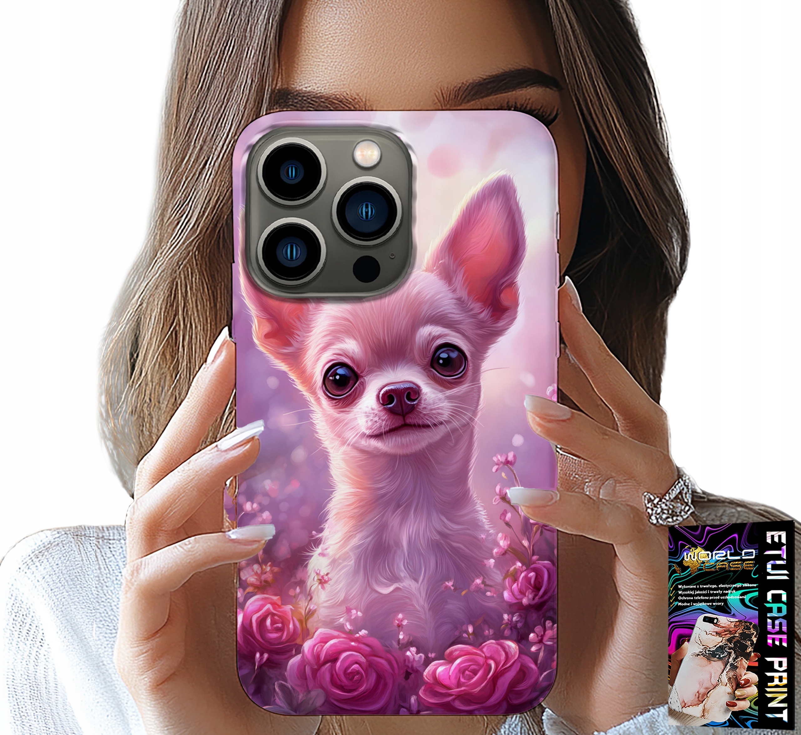 ETUI DO IPHONE 16 PRO MAX - SŁODKA CHIHUAHUA NA RÓŻOWYM TLE KWIATAMI