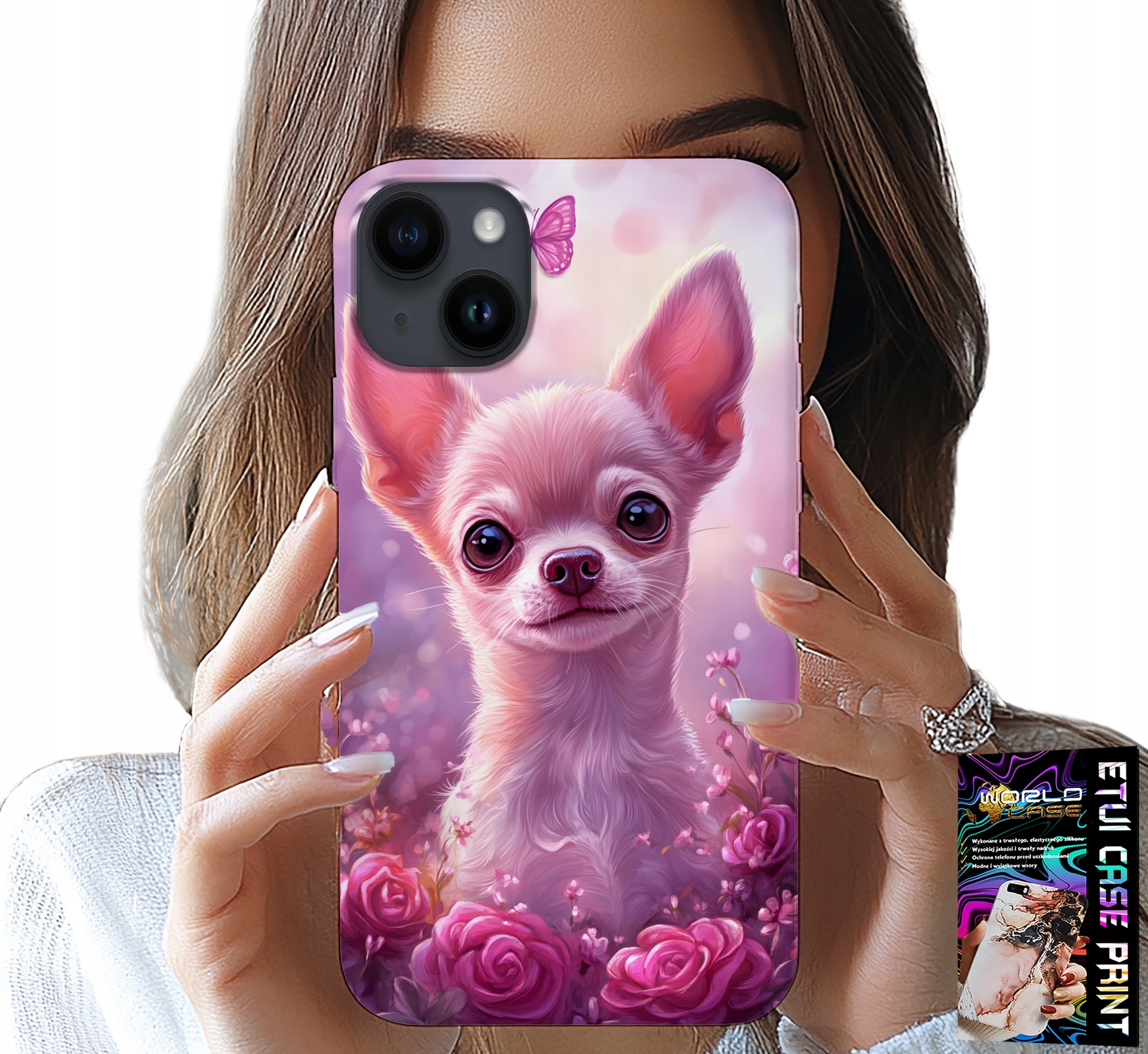 ETUI DO IPHONE 15 - SŁODKA CHIHUAHUA NA RÓŻOWYM TLE KWIATAMI