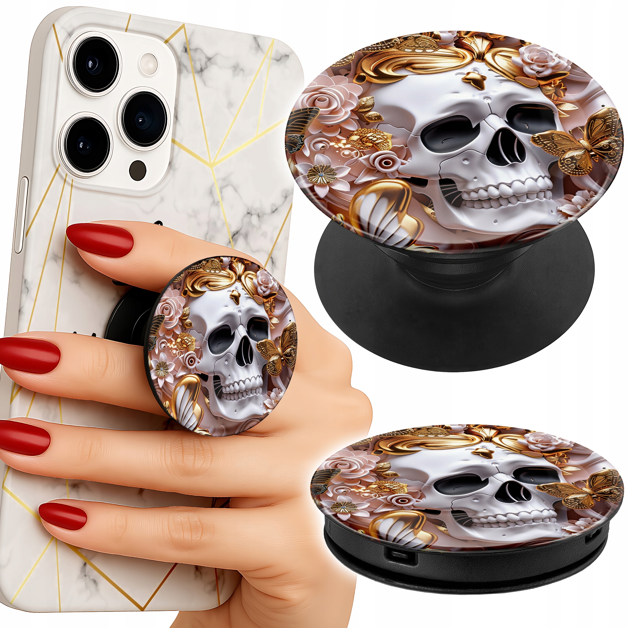 Uchwyt do telefonu Popsocket na palce/stojak KOBIECE WZORY CZASZKA MOTYL