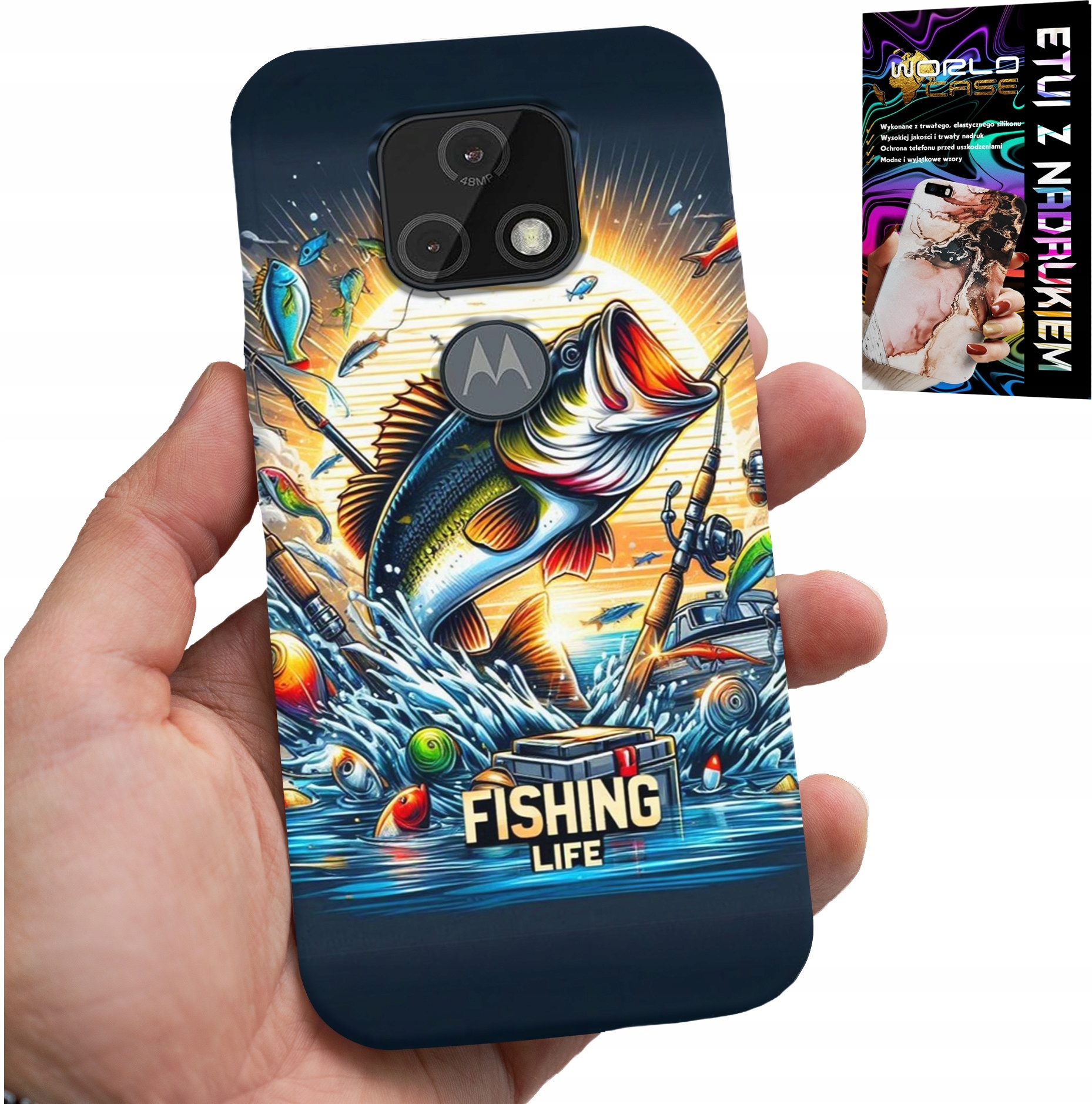 ETUI DO MOTOROLA MOTO E7 PLUS - WZORY DLA WĘDKARZA, RYBY, DORSZ, ŁOSOŚ