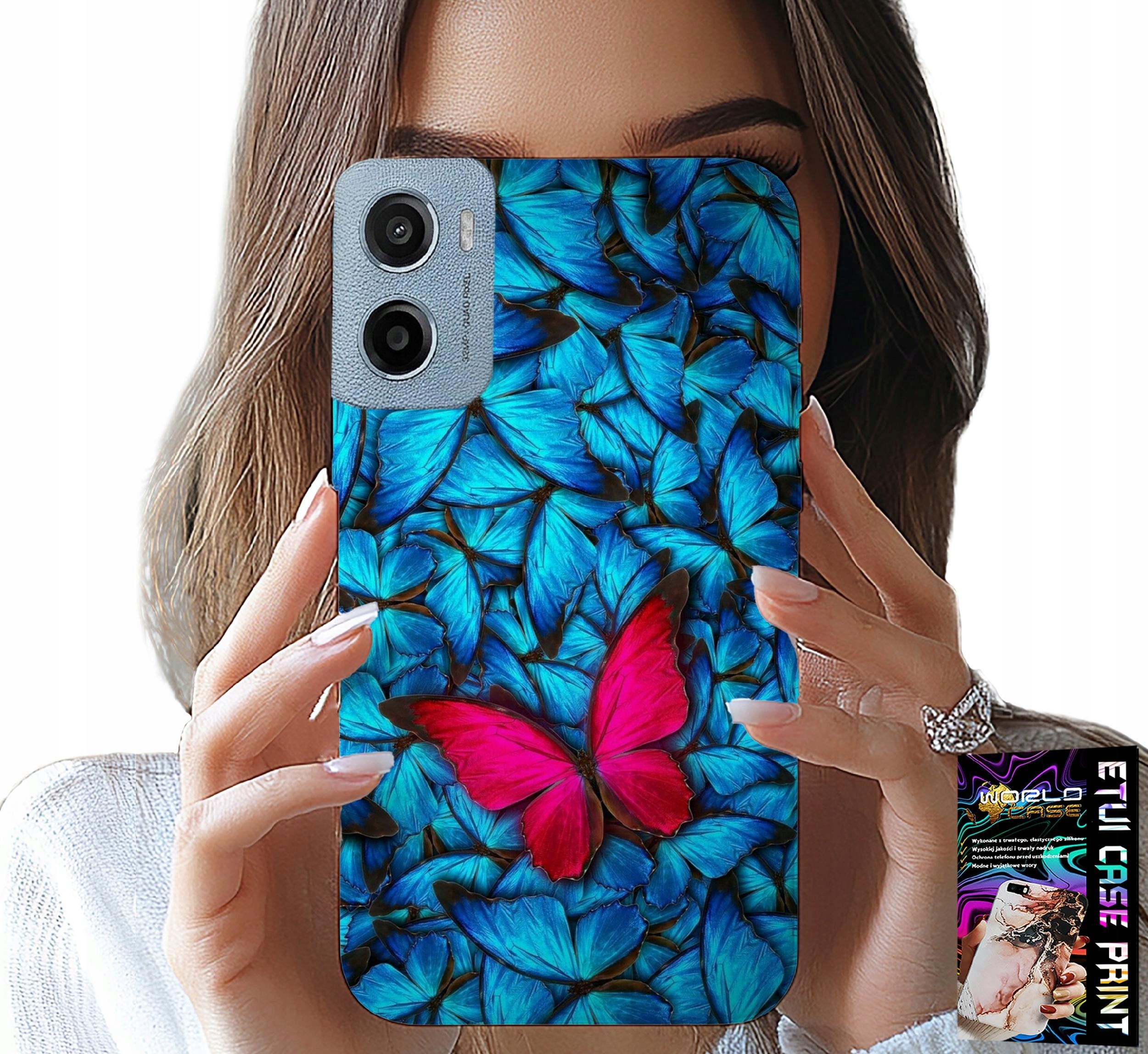 ETUI DO MOTOROLA E15 / G05 - NIEBIESKIE MOTYLKI, MOTYL, KOBIECE WZORY